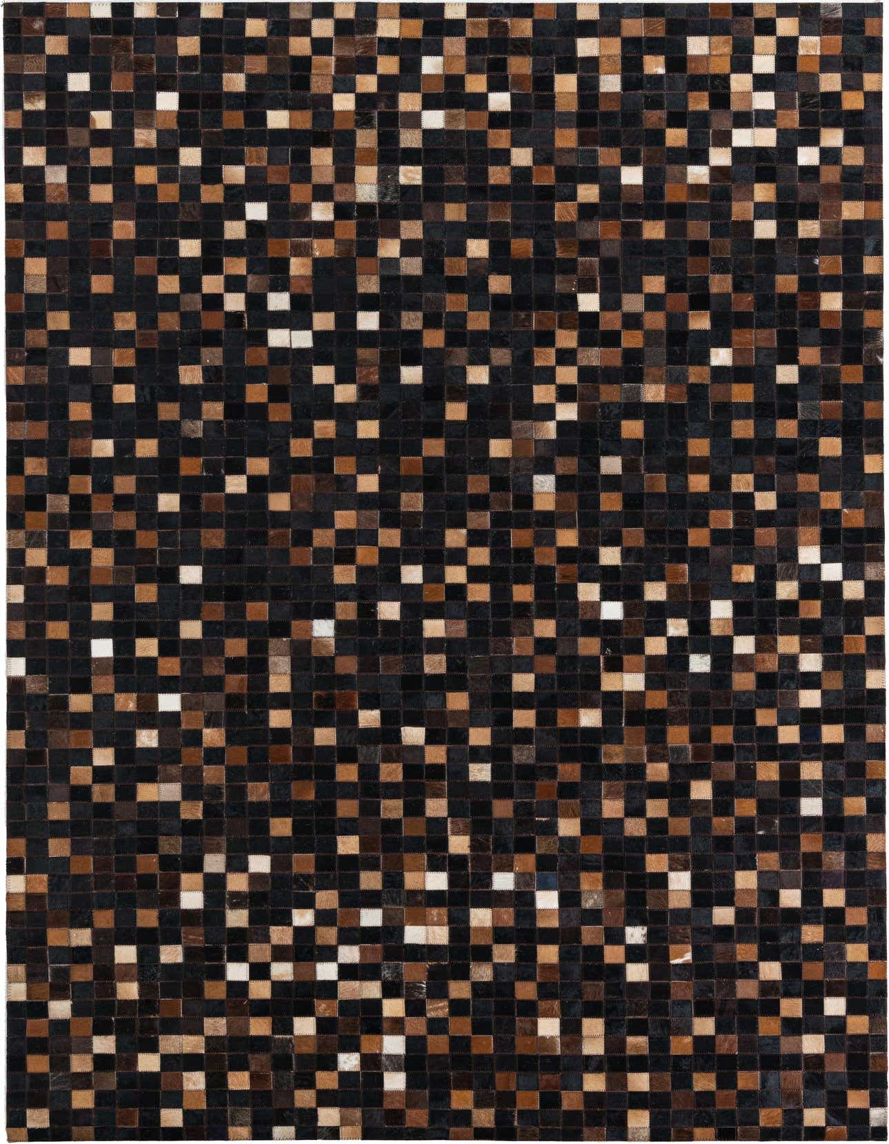 A 5x8 rectangular Cowhide Leather rug featuring a modern, abstract pattern of small squares in varying shades of brown, tan, and black.