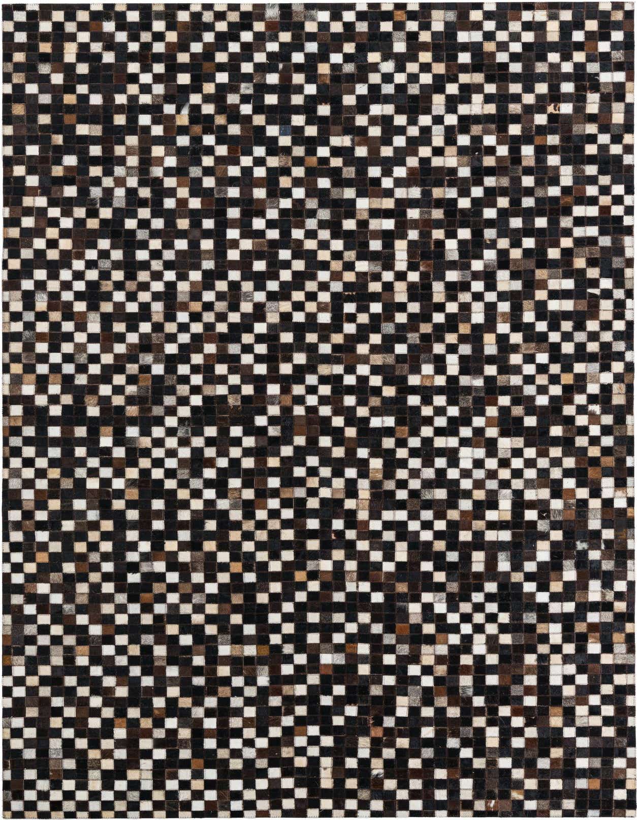 A rectangular 5x8 modern area rug made from cowhide and leather, featuring a pixelated abstract pattern of various brown, tan, and black squares.