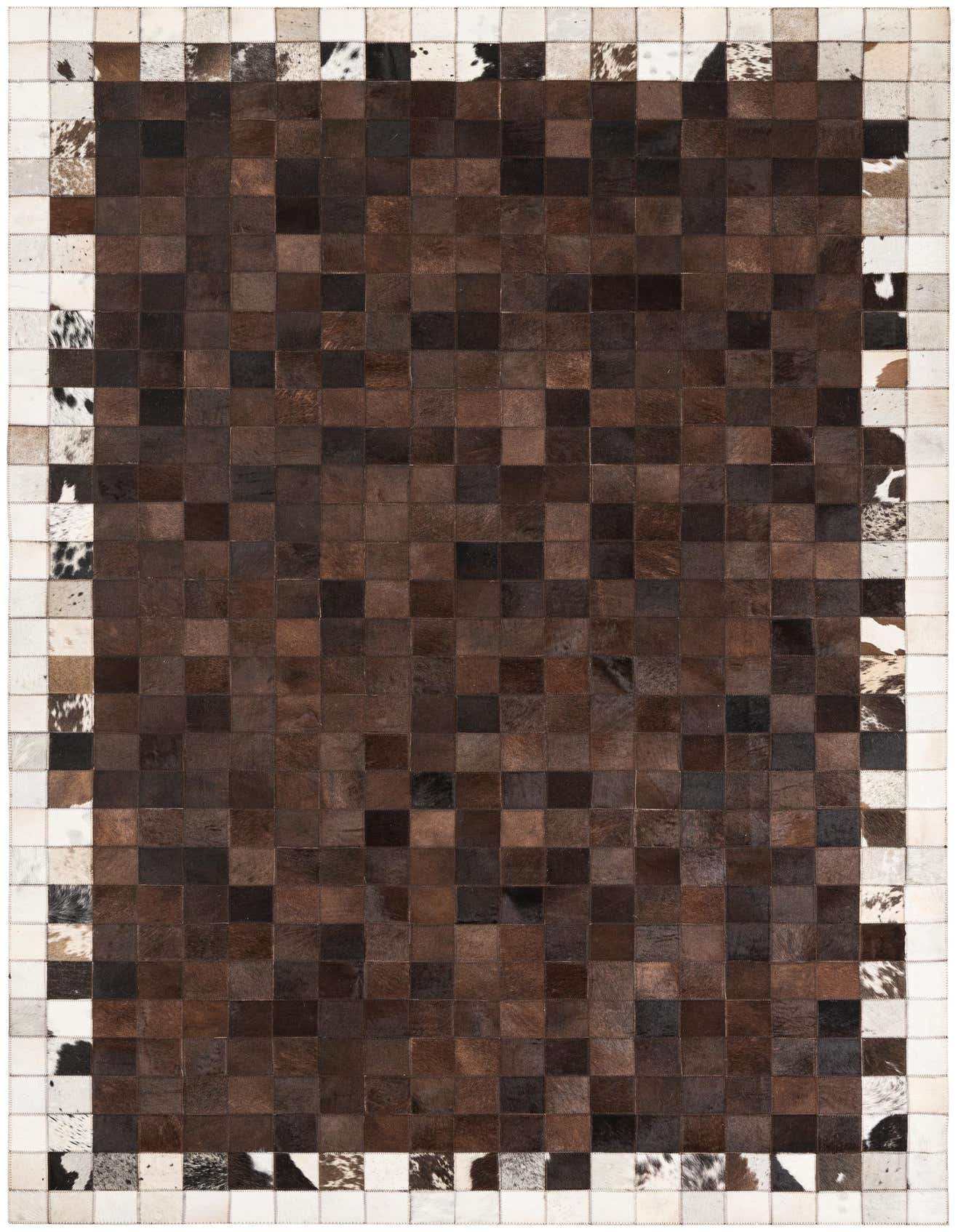 A 5x8 rectangular Cowhide Leather rug featuring a modern patchwork of varying brown and tan squares with a white, black, and brown speckled border.