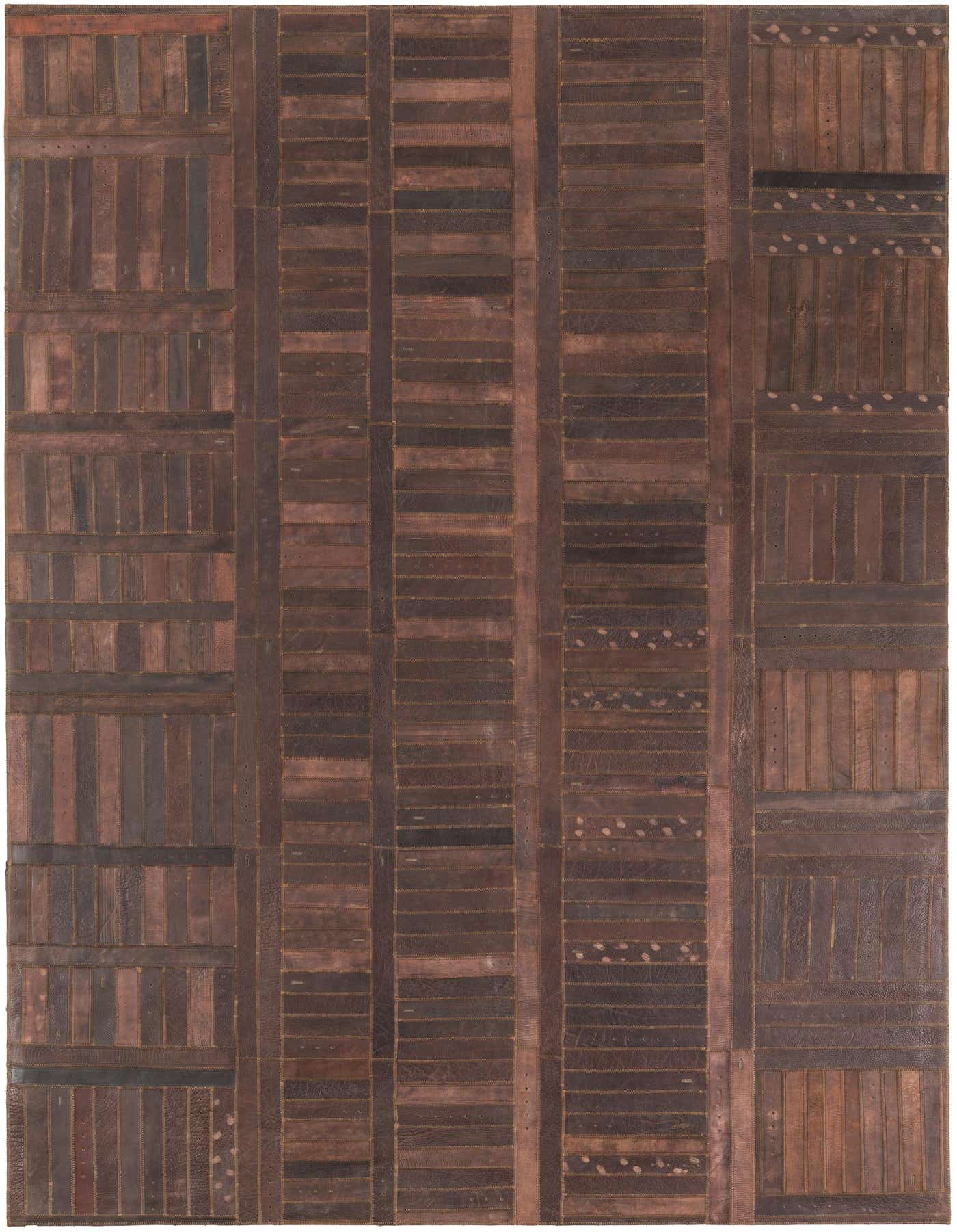 A 5x8 rectangular Cowhide Leather rug featuring a modern stripe pattern in varying shades of brown and tan.