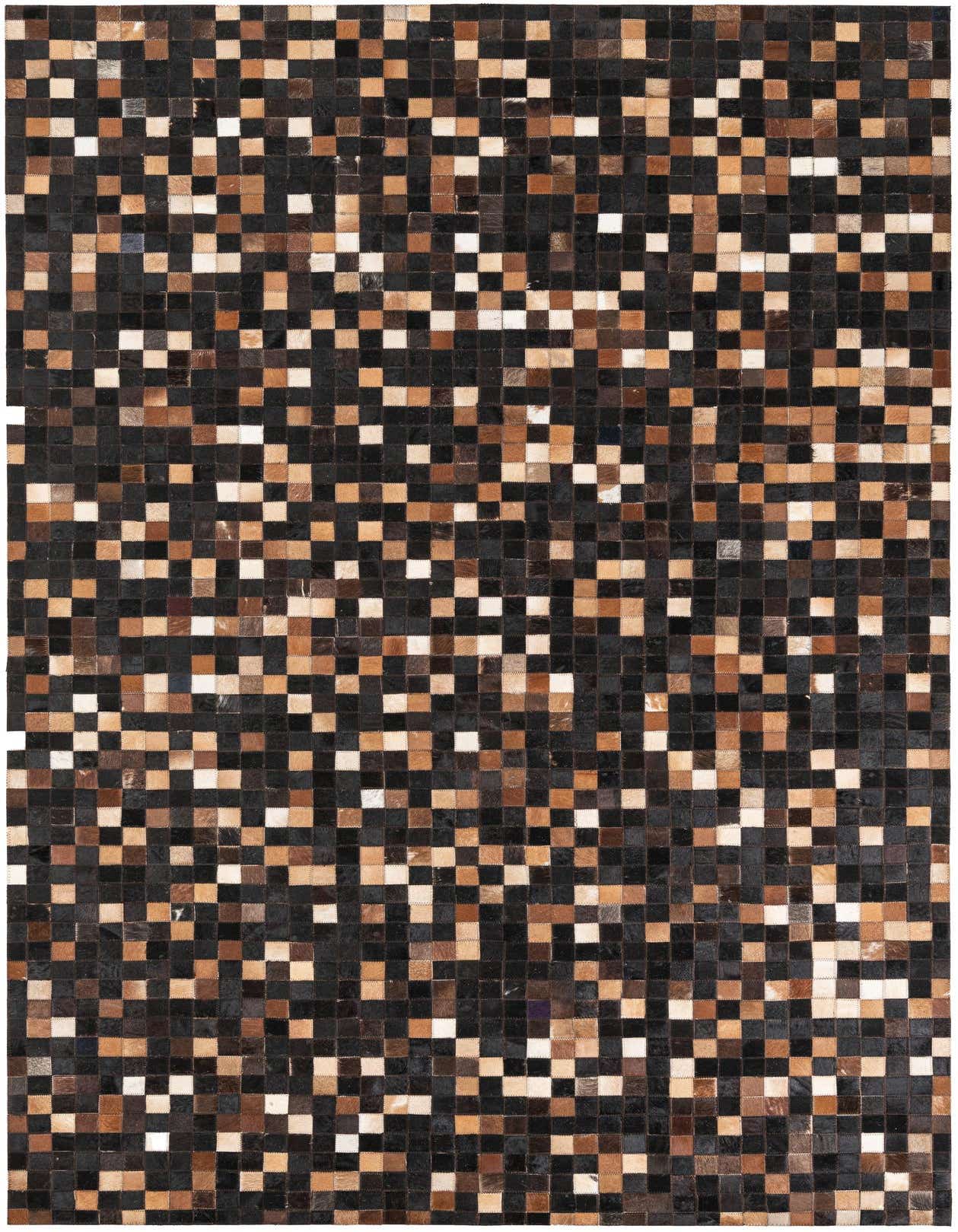 A rectangular 5x8 modern Cowhide & Leather rug featuring a patchwork of brown, tan, black, and white squares.