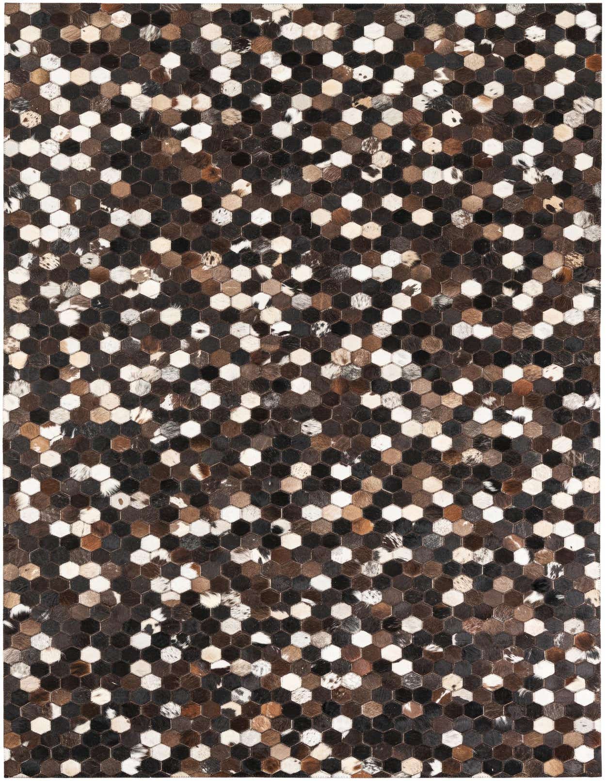 A 5x8 rectangular Cowhide Leather rug featuring a modern honeycomb pattern in various shades of brown, tan, black, and white.