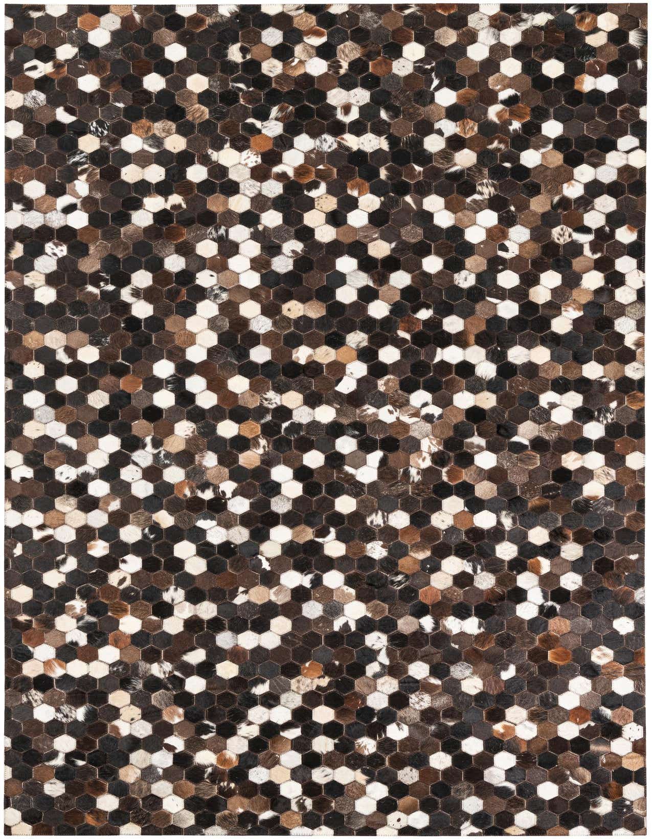A 5x8 rectangular Cowhide Leather rug featuring a modern geometric pattern of hexagonal patches in various shades of brown, tan, black, and white.
