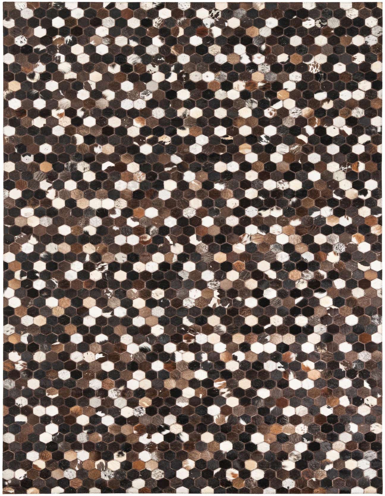 A 5x8 rectangular Cowhide Leather rug featuring a modern hexagonal pattern in various shades of brown, tan, black, and white.