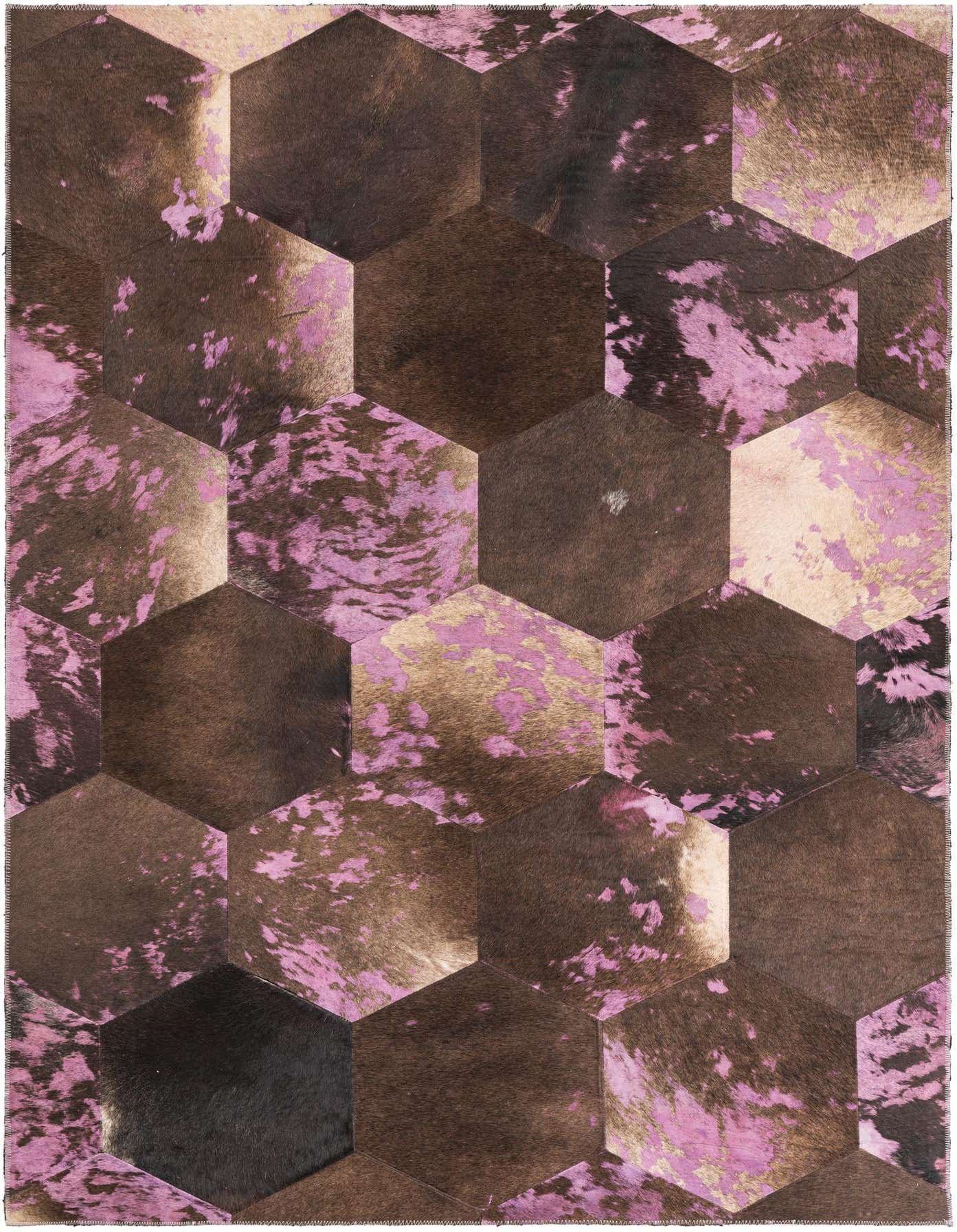 A rectangular 4x6 cowhide and leather rug featuring a geometric hexagon pattern in varying shades of brown, tan, and distressed pink.