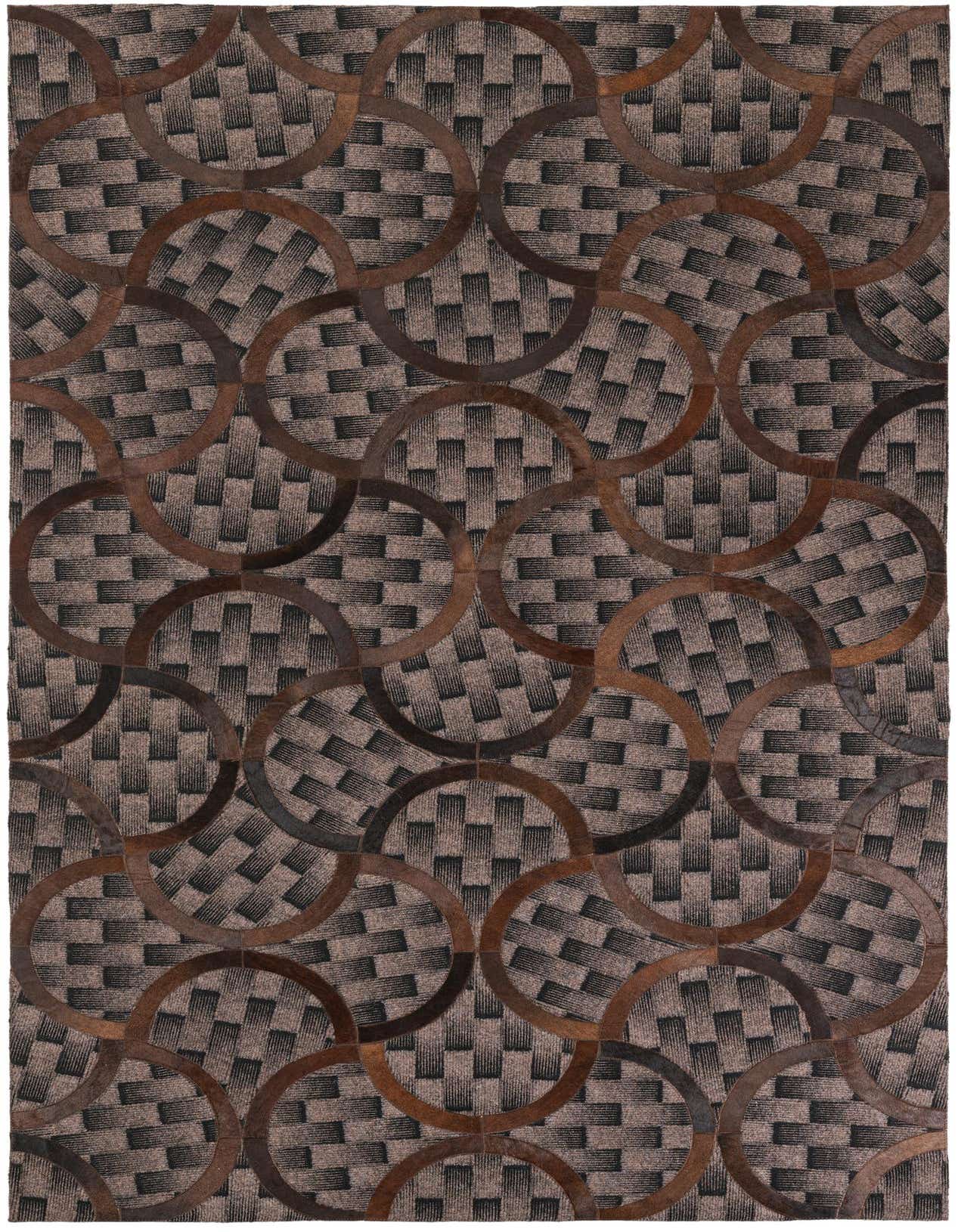 A 5x8 rectangular Cowhide Leather rug featuring an abstract pattern of interlocking brown and tan circles over a textured dark brown and beige background.