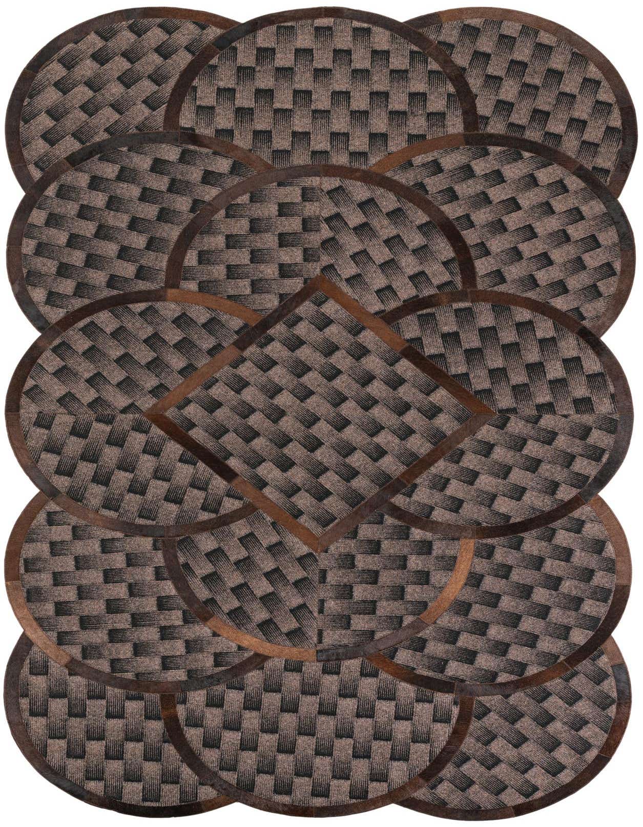 A 5x8 rectangular Cowhide Leather rug featuring an abstract pattern of overlapping brown and tan circular and square shapes.