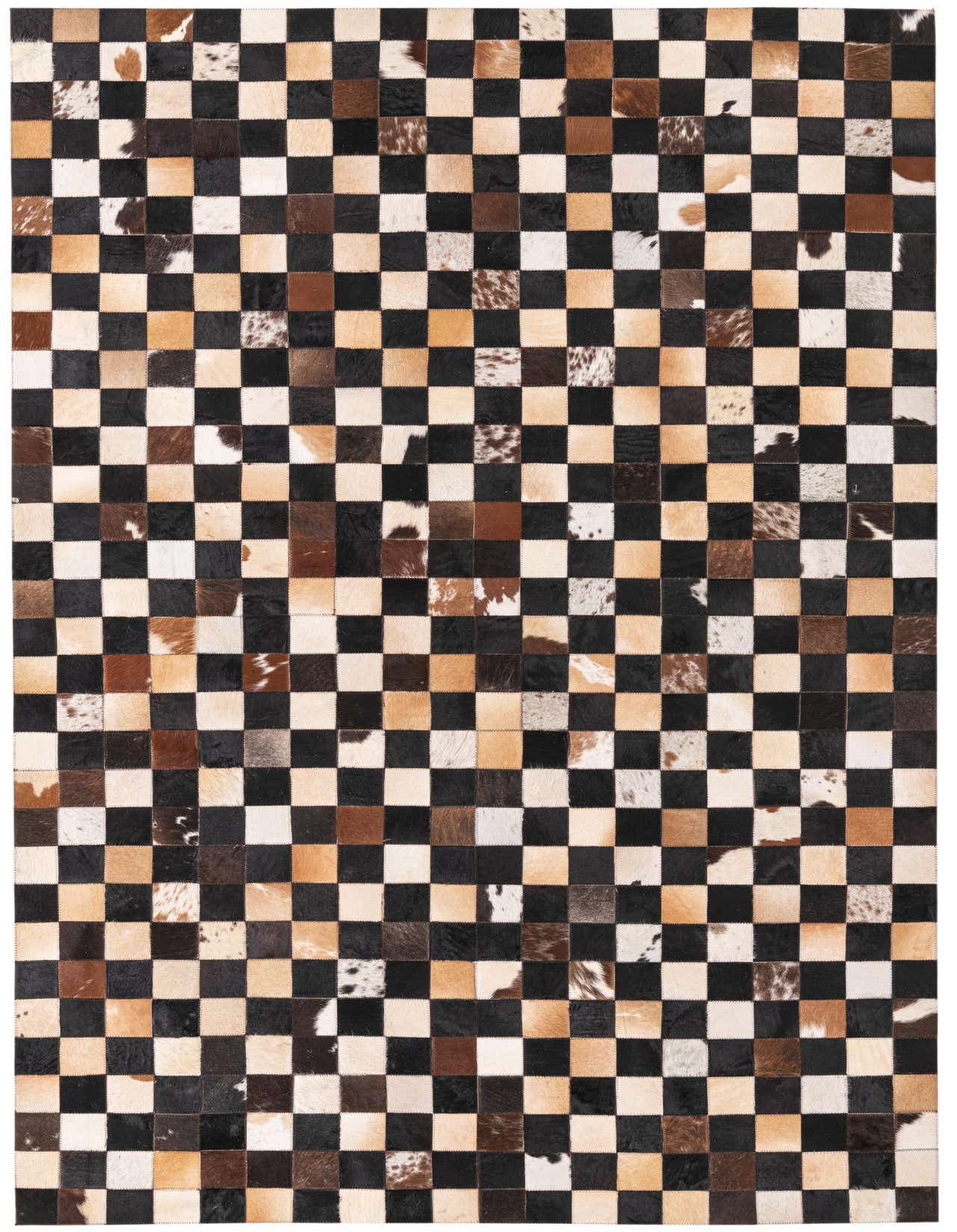 A 5x8 rectangular Cowhide rug featuring a modern checkerboard pattern in varied shades of brown, tan, black, and white.