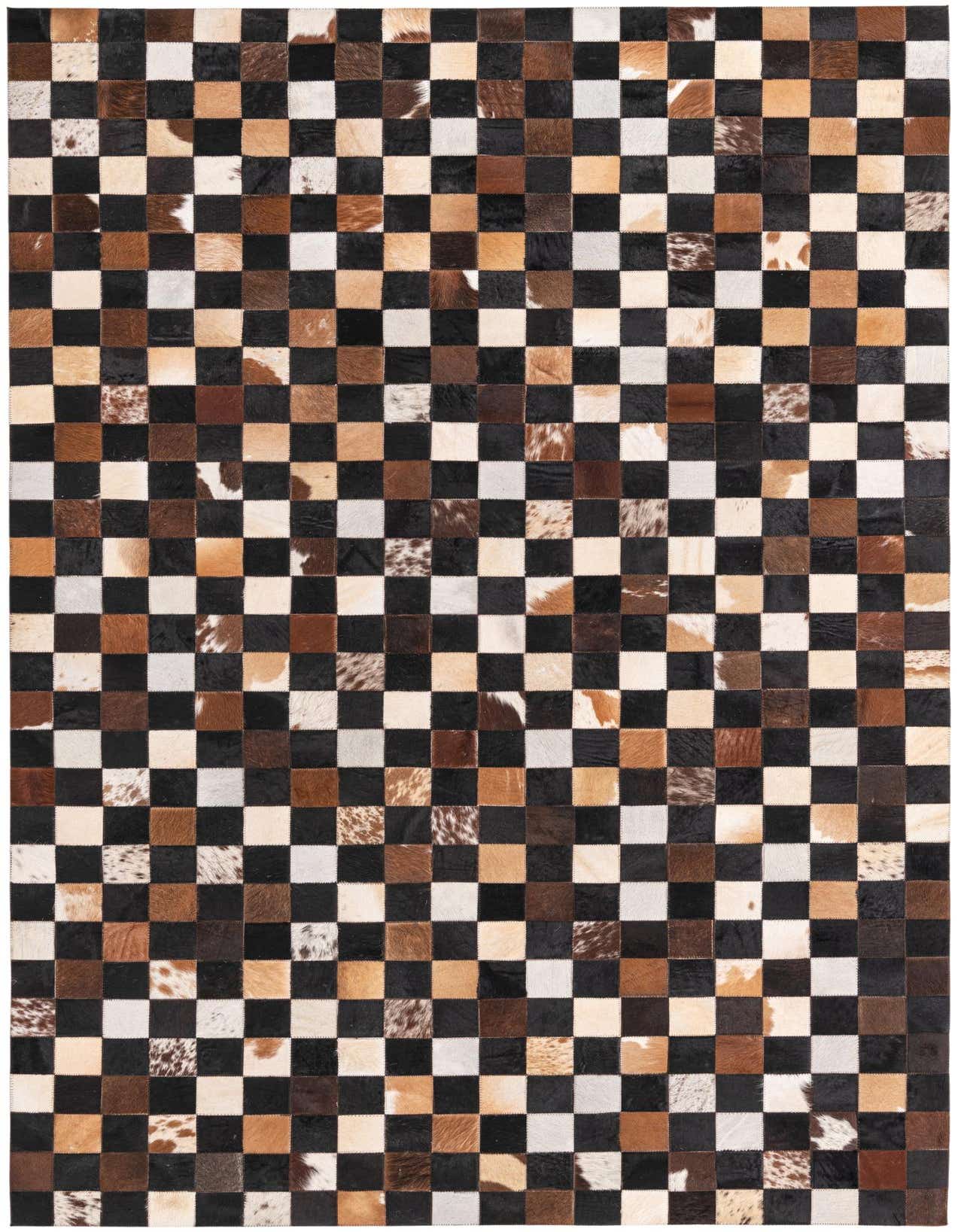 A 5x8 rectangular modern cowhide rug featuring a checkerboard pattern of brown, tan, black, and white squares.