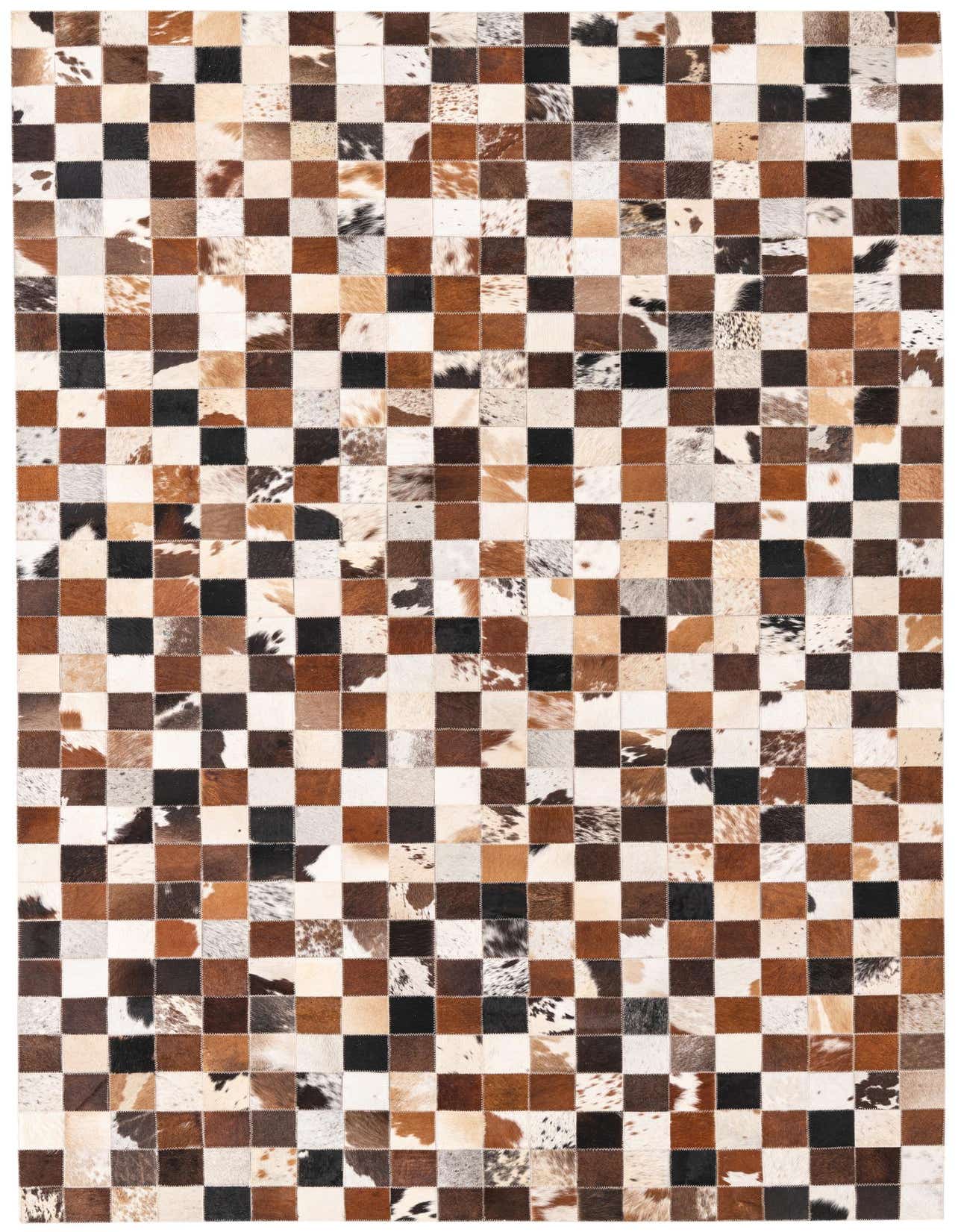 A 5x8 rectangular Cowhide rug featuring a modern patchwork design in various shades of brown, tan, black, and white.