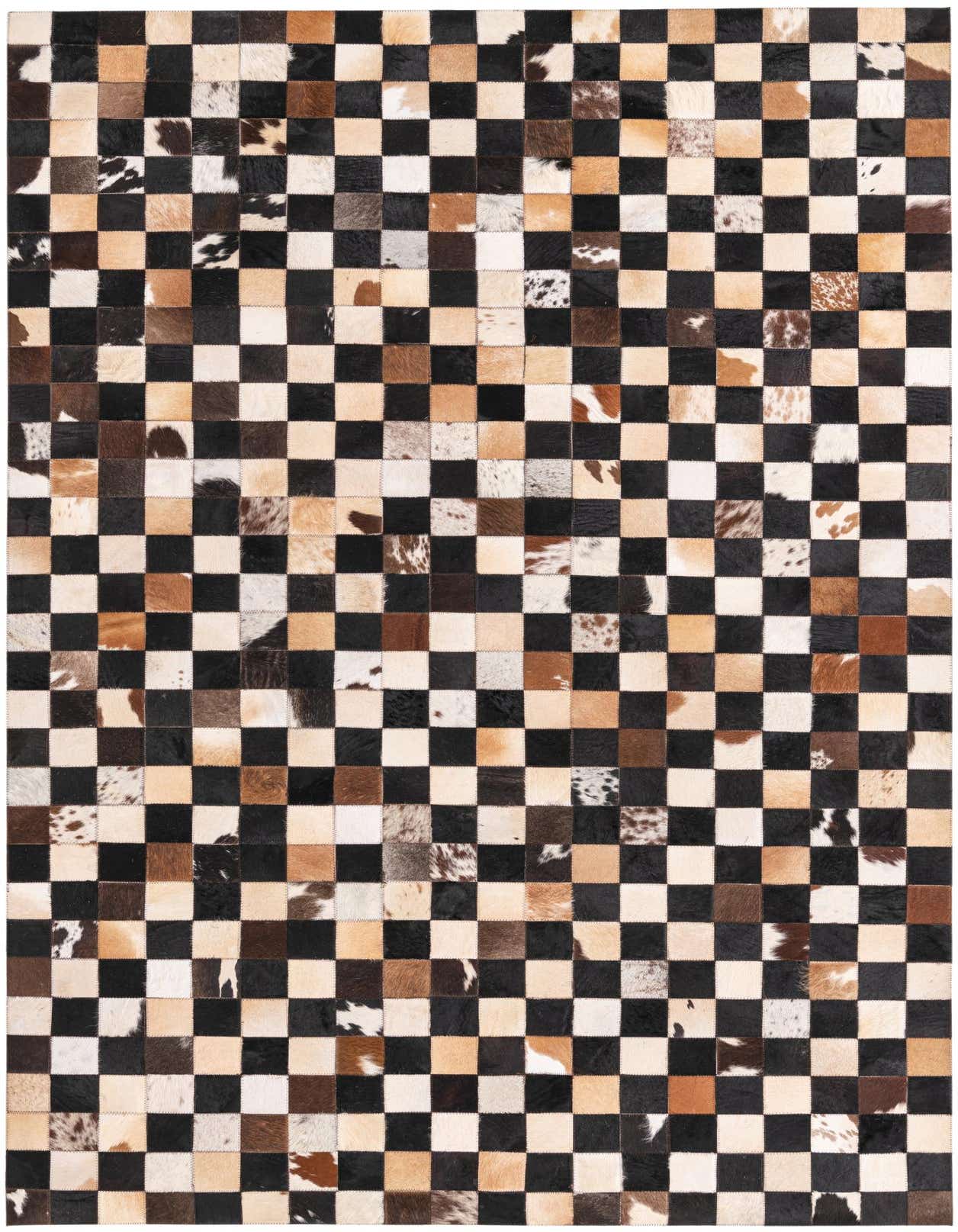 A 5x8 rectangular cowhide rug featuring a modern checkered pattern in varying shades of brown, tan, black, and white.