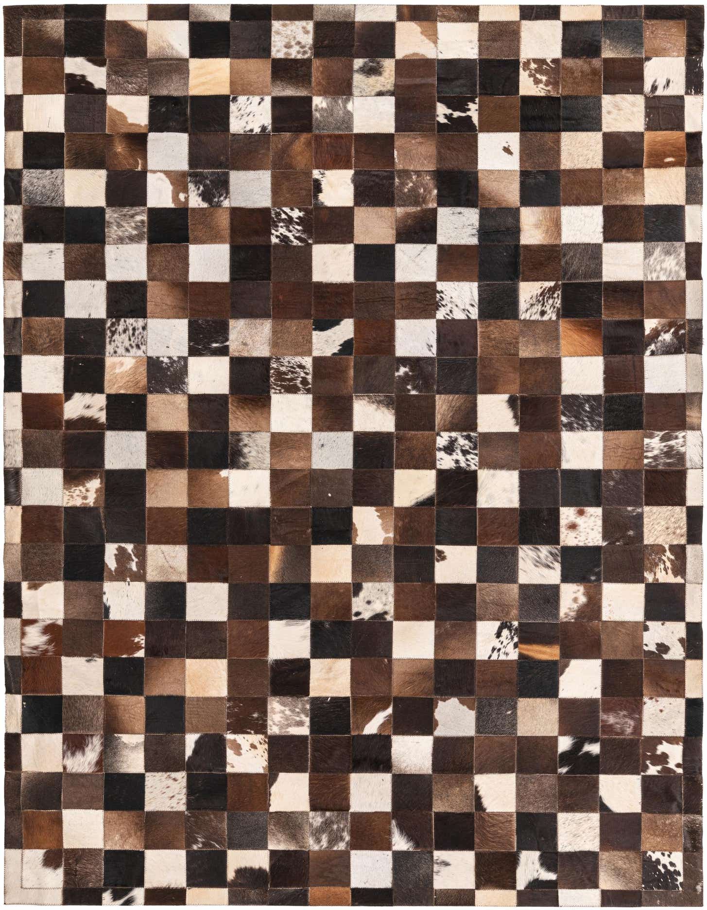 A 5x8 rectangular cowhide rug featuring a modern checkerboard pattern in various shades of brown, tan, and white.
