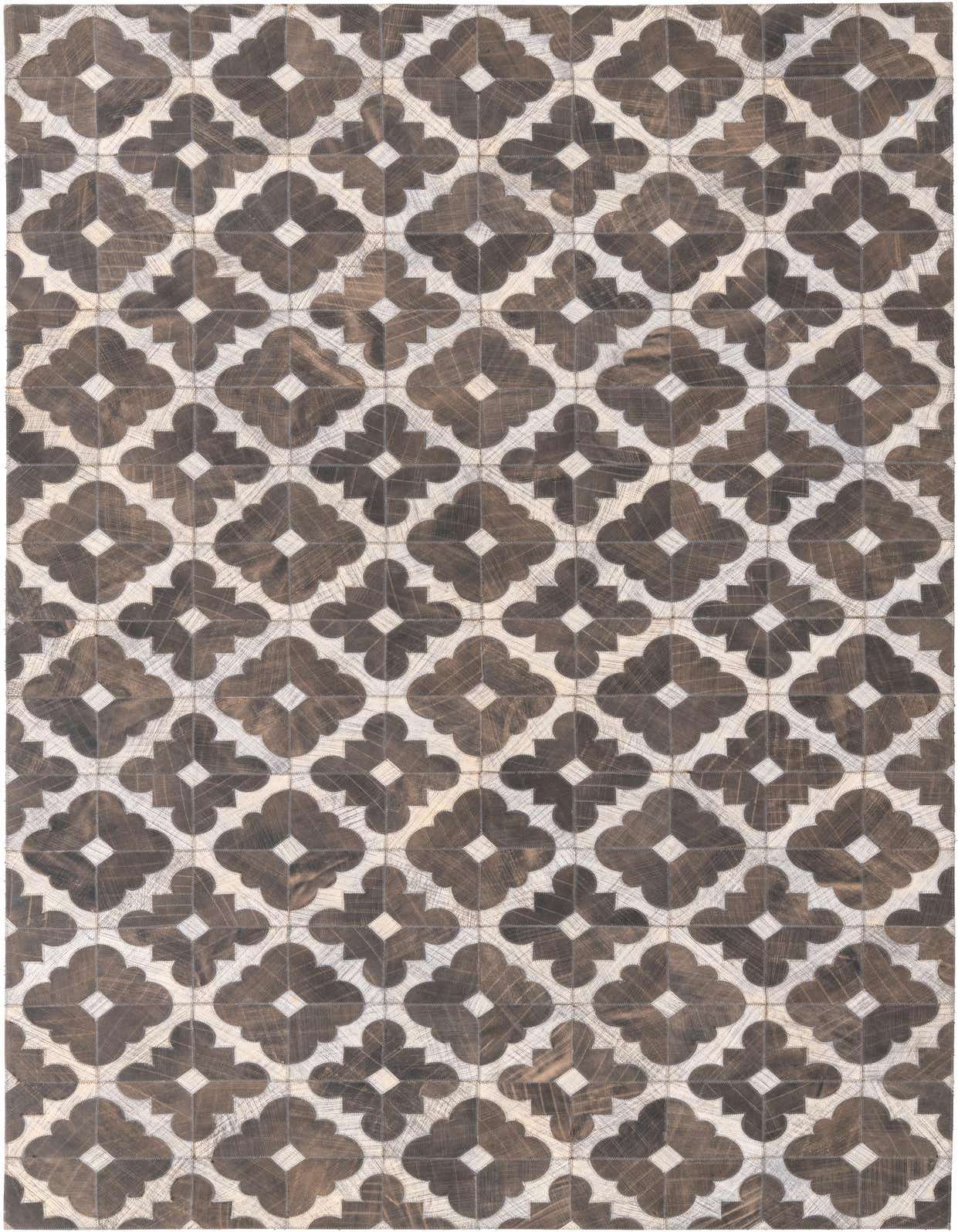 A 5x8 rectangular Cowhide rug in browns and tans, featuring a modern geometric pattern of interlocking quatrefoils.