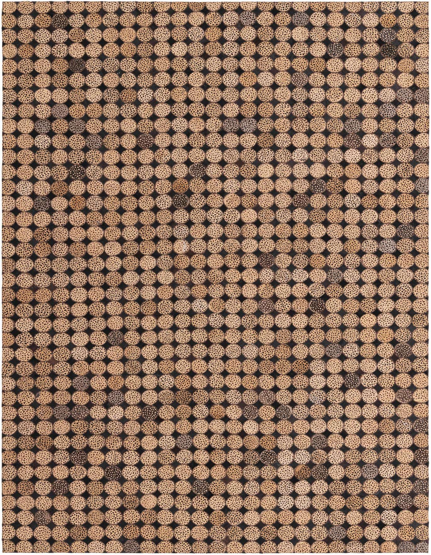 A 5x8 rectangular Cowhide rug featuring a modern pattern of small, light brown, spotted circles arranged in a grid on a dark background.