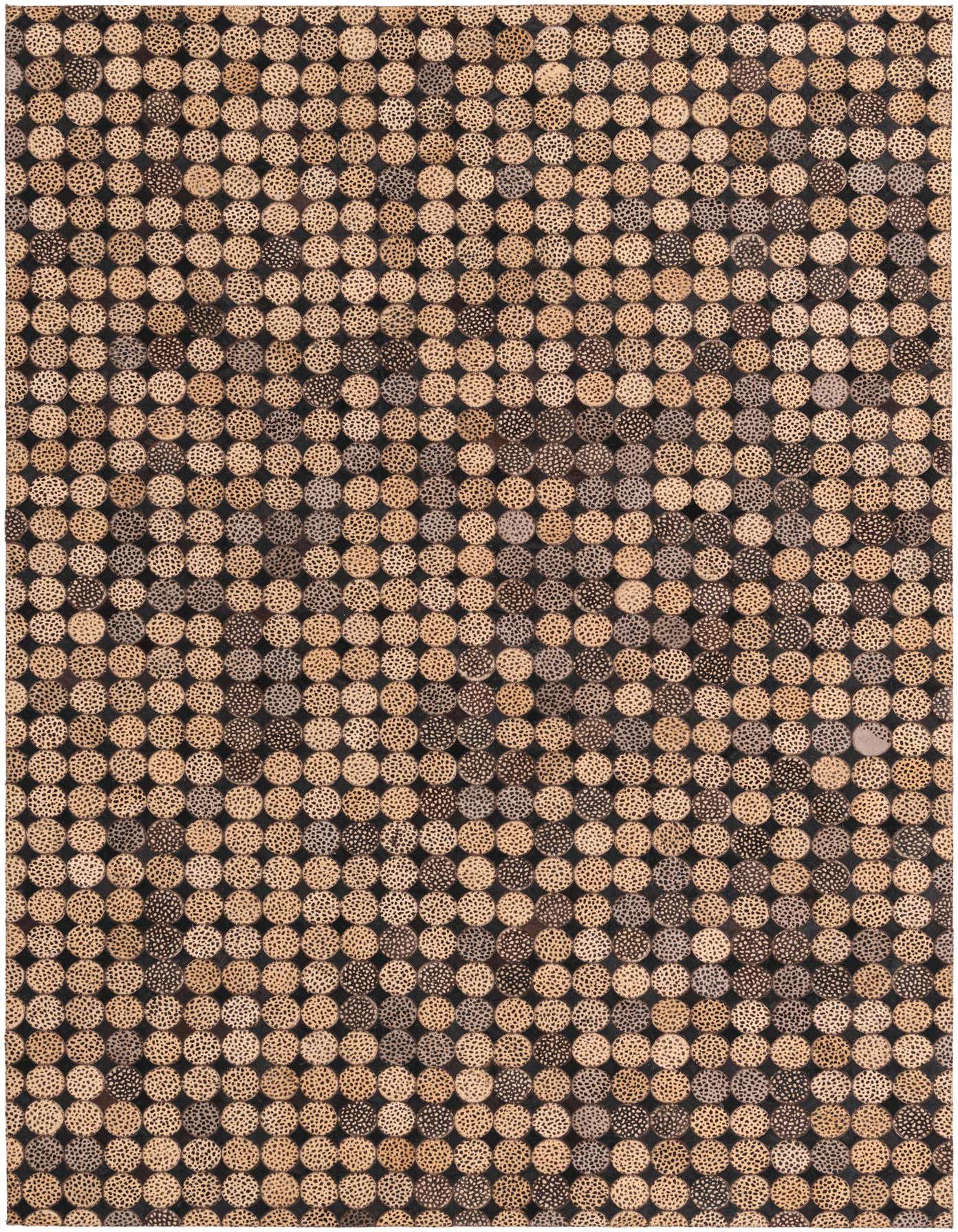 A 5x8 rectangular Cowhide rug featuring a modern pattern of small, light brown, spotted circles on a dark brown background.