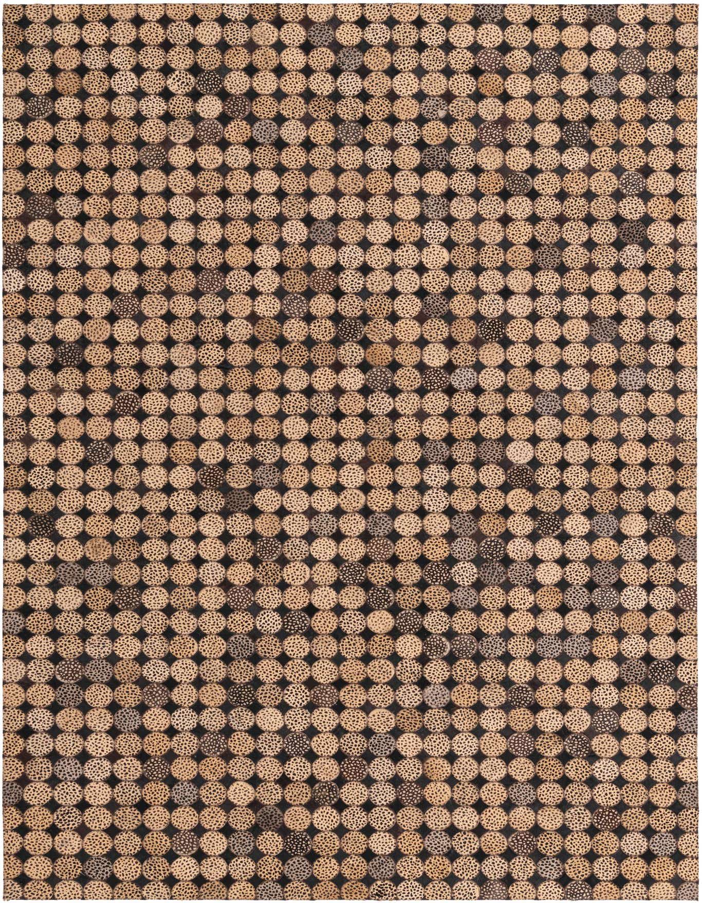 A 5x8 rectangular Cowhide rug featuring a modern pattern of small, spotted brown and tan circles arranged on a dark background.
