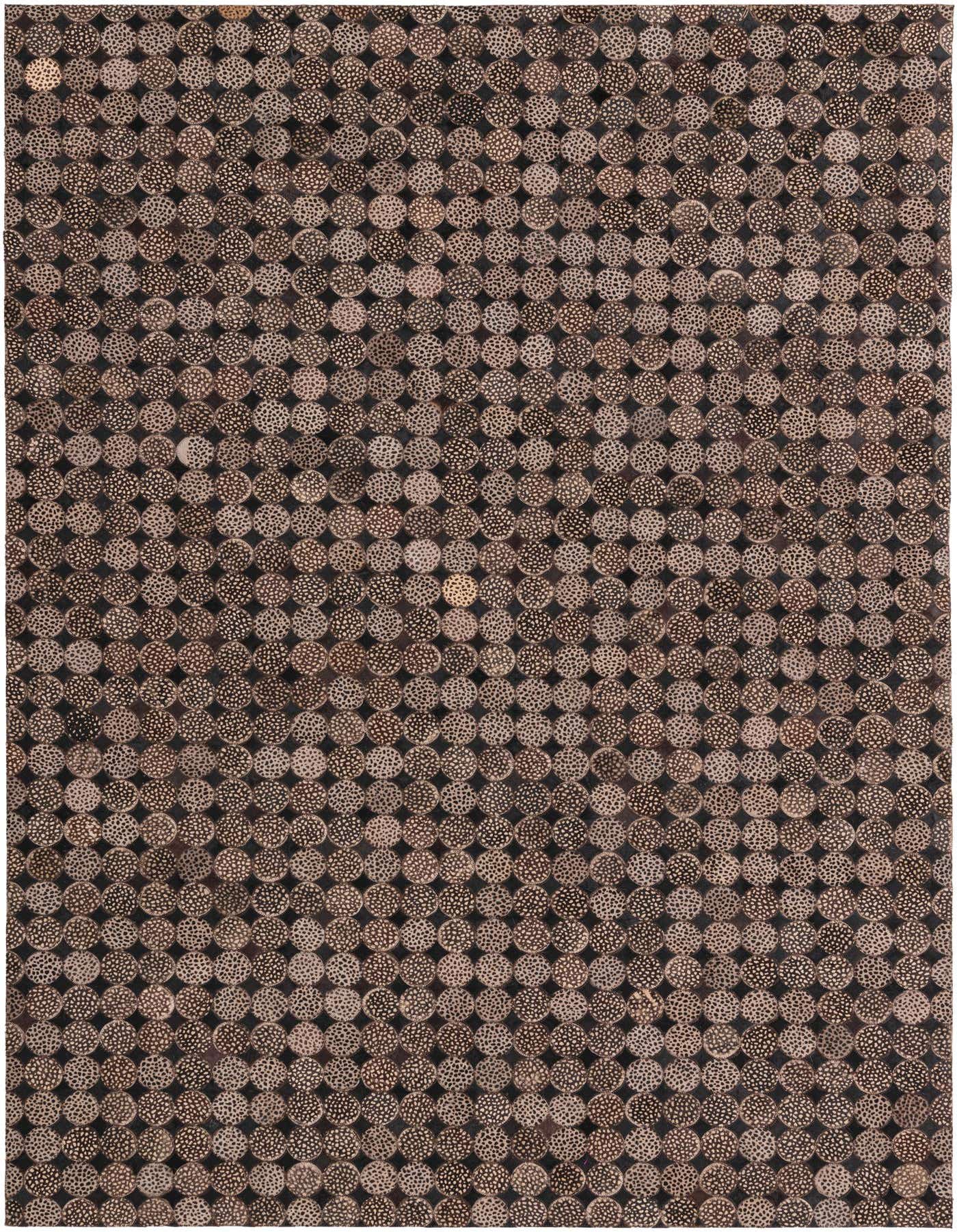 A 5x8 rectangular Cowhide rug featuring a modern pattern of small brown and tan spotted circles on a dark background.