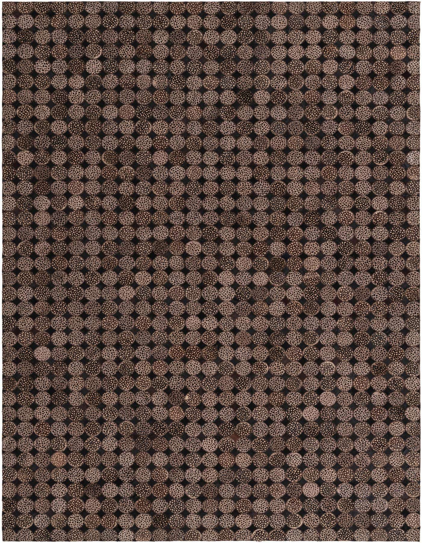 A 5x8 rectangular Cowhide rug featuring a modern pattern of small, speckled brown and tan circles on a dark background.