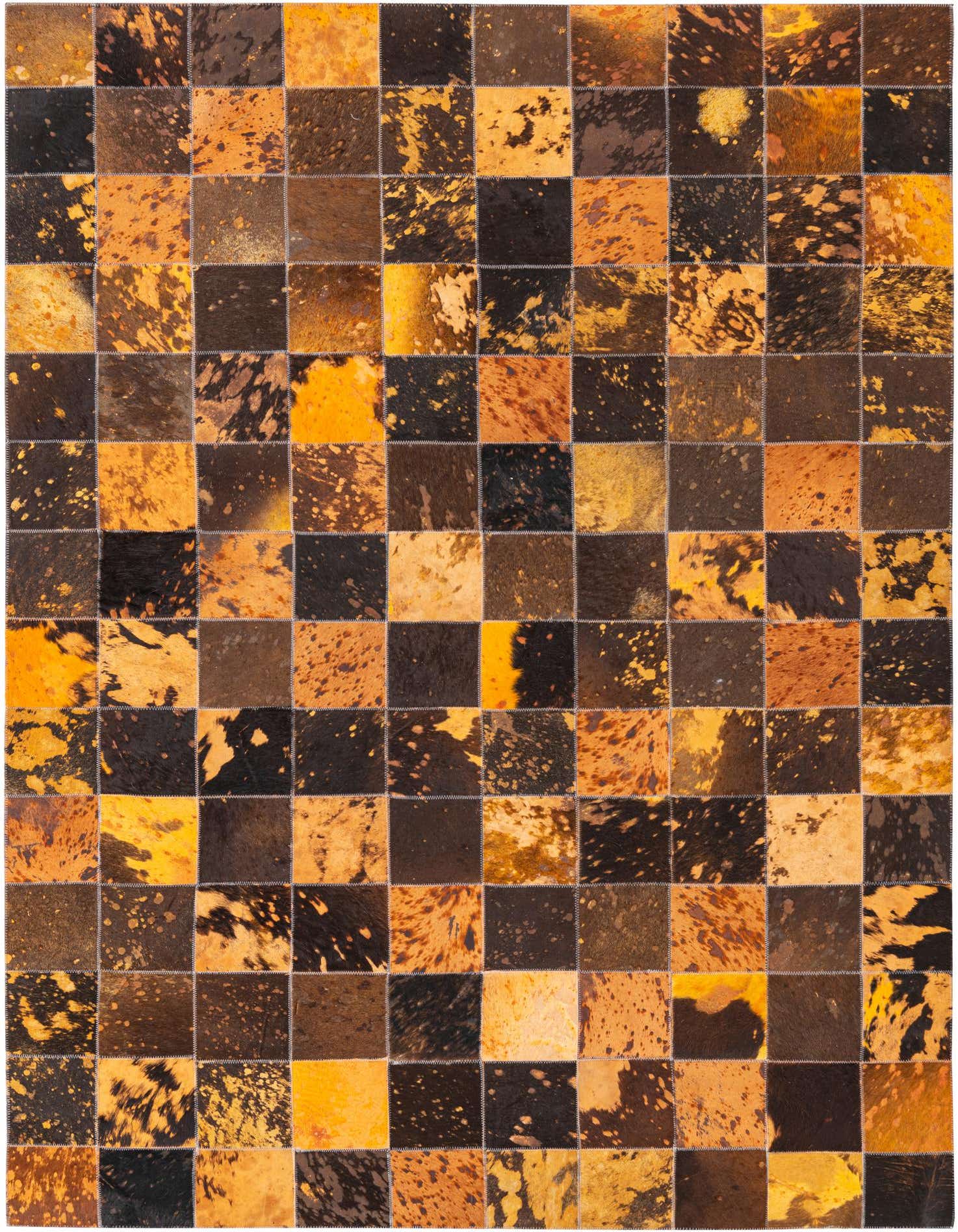 A 5x8 rectangular Cowhide rug with a modern patchwork design in varying shades of brown, tan, and black.