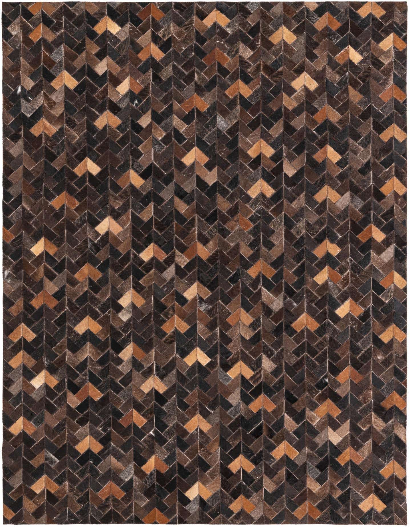 A 5x8 rectangular Cowhide rug featuring a modern chevron pattern in various shades of brown and tan.