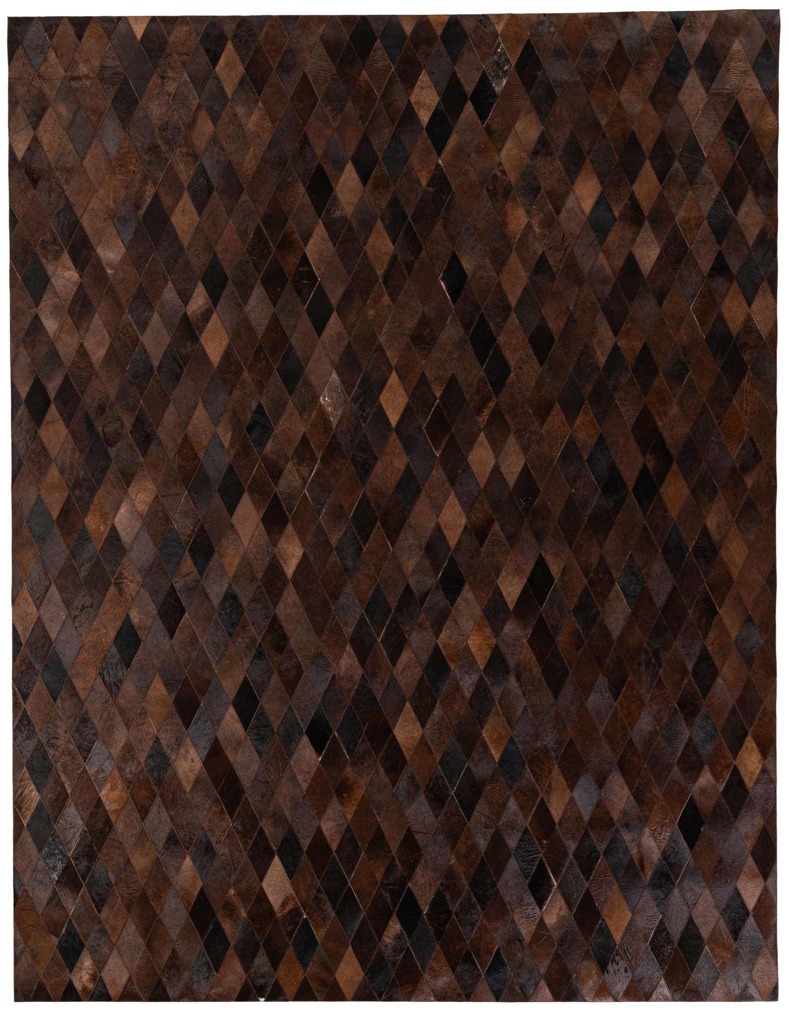A rectangular 8x10 Cowhide Stocks rug from Rugs.com featuring a modern diamond pattern in various shades of brown and tan.