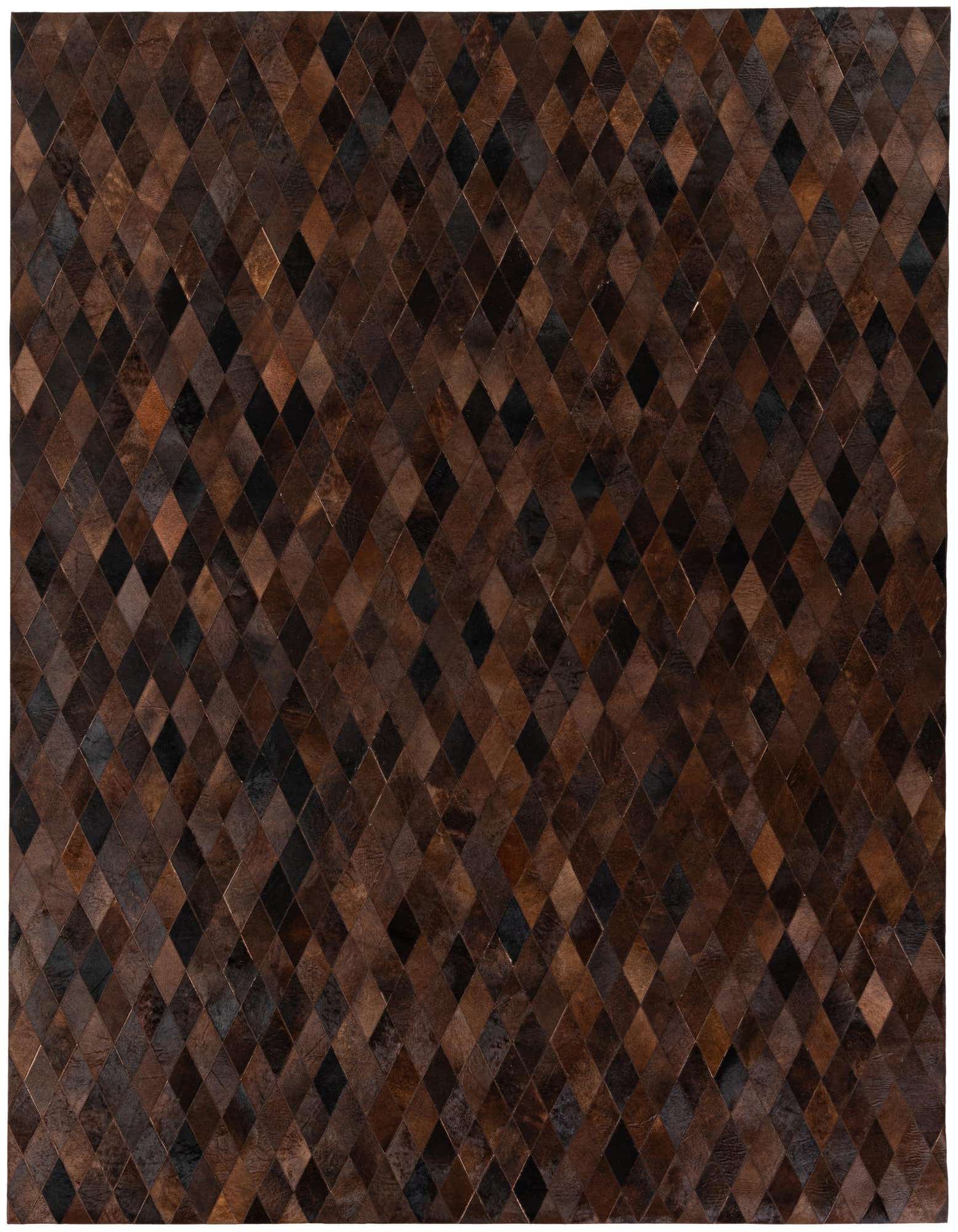 A rectangular 8x10 Cowhide Stocks rug from Rugs.com with a modern diamond pattern in varying shades of brown and tan.