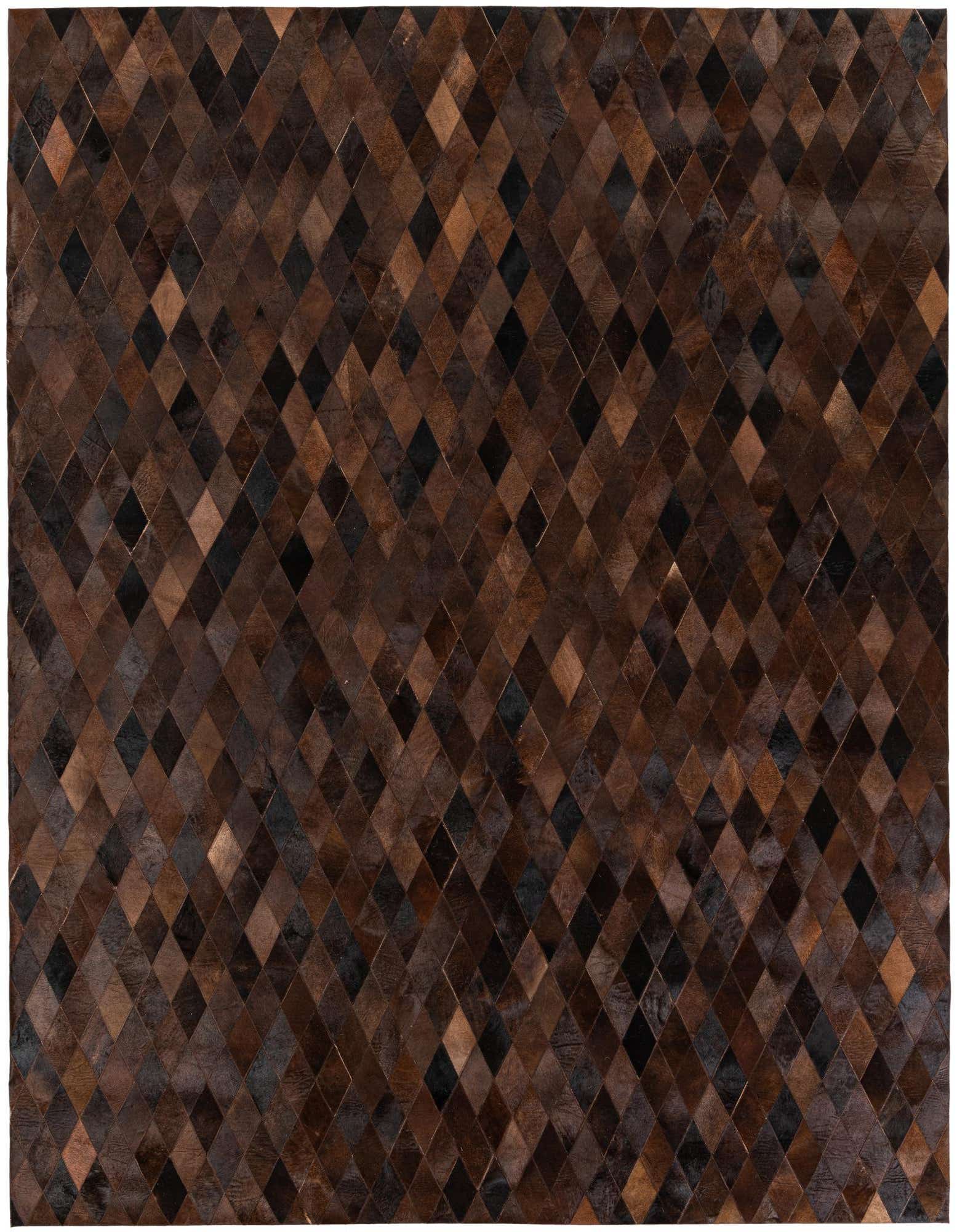 A rectangular 8x10 brown cowhide rug with a modern diamond patchwork pattern, suitable for a living room.