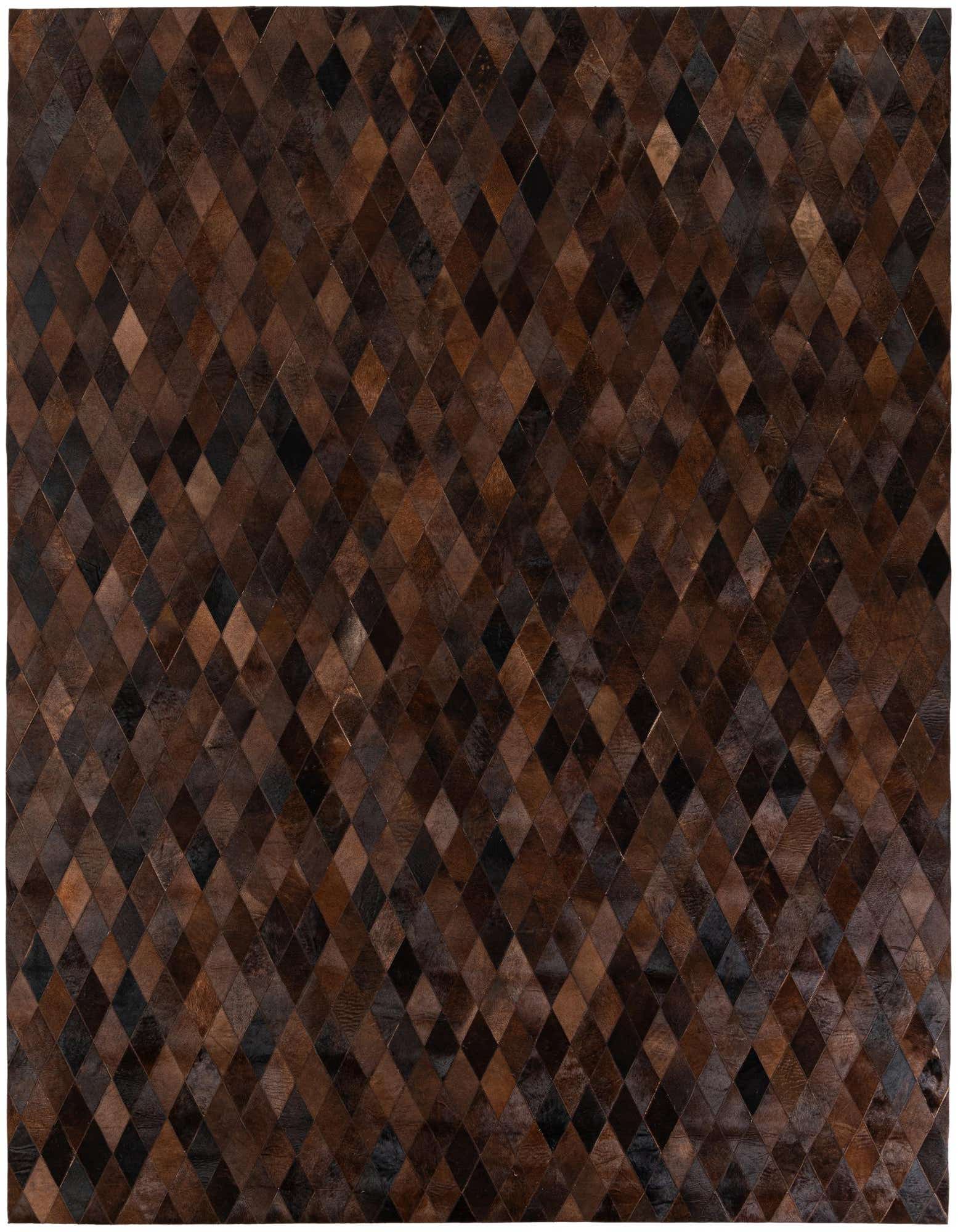A rectangular 8x10 modern cowhide rug featuring a patchwork of diamond shapes in various shades of brown and tan.