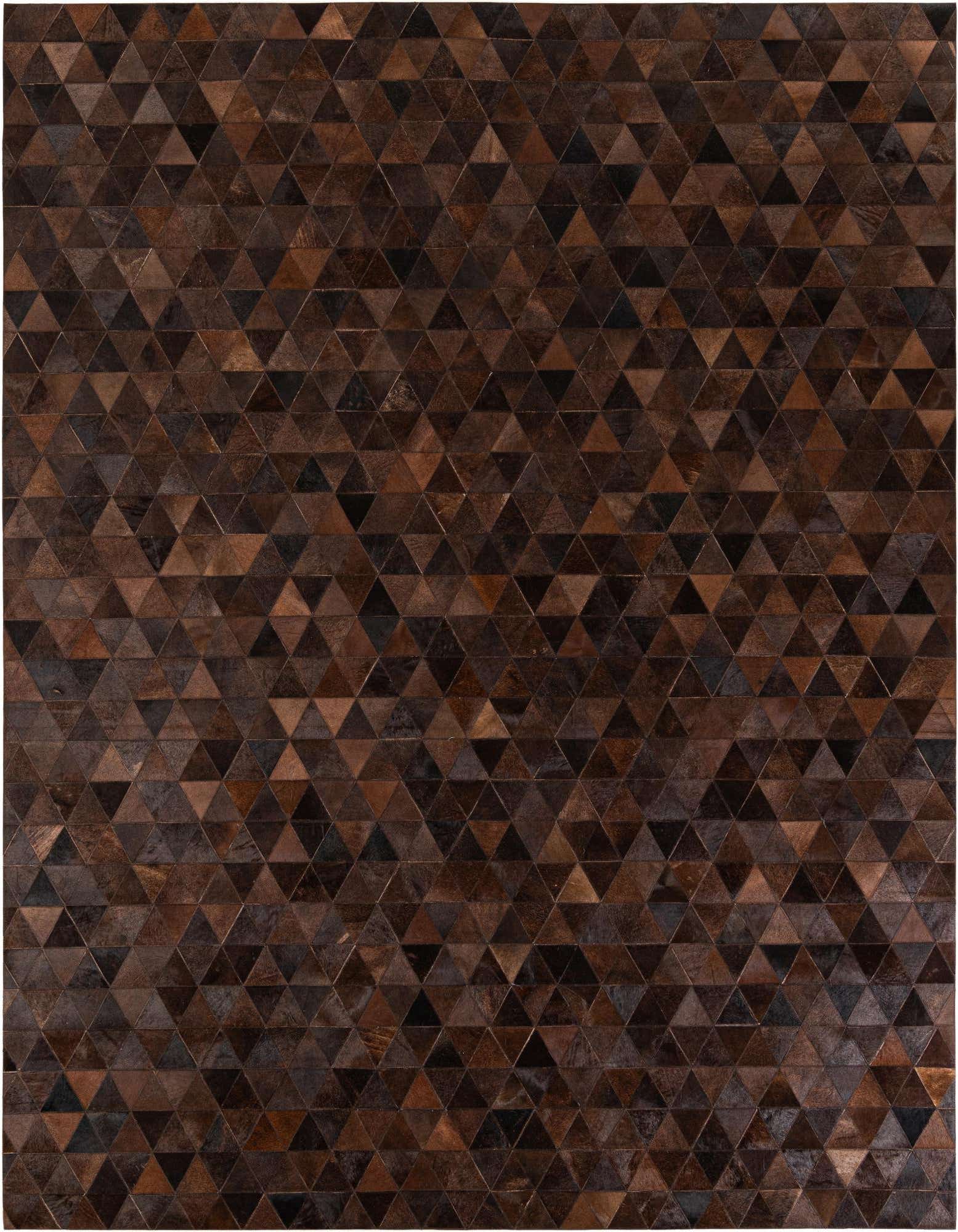 A rectangular 8x10 modern area rug made from cowhide and leather, featuring a mosaic of brown and tan triangular patches.