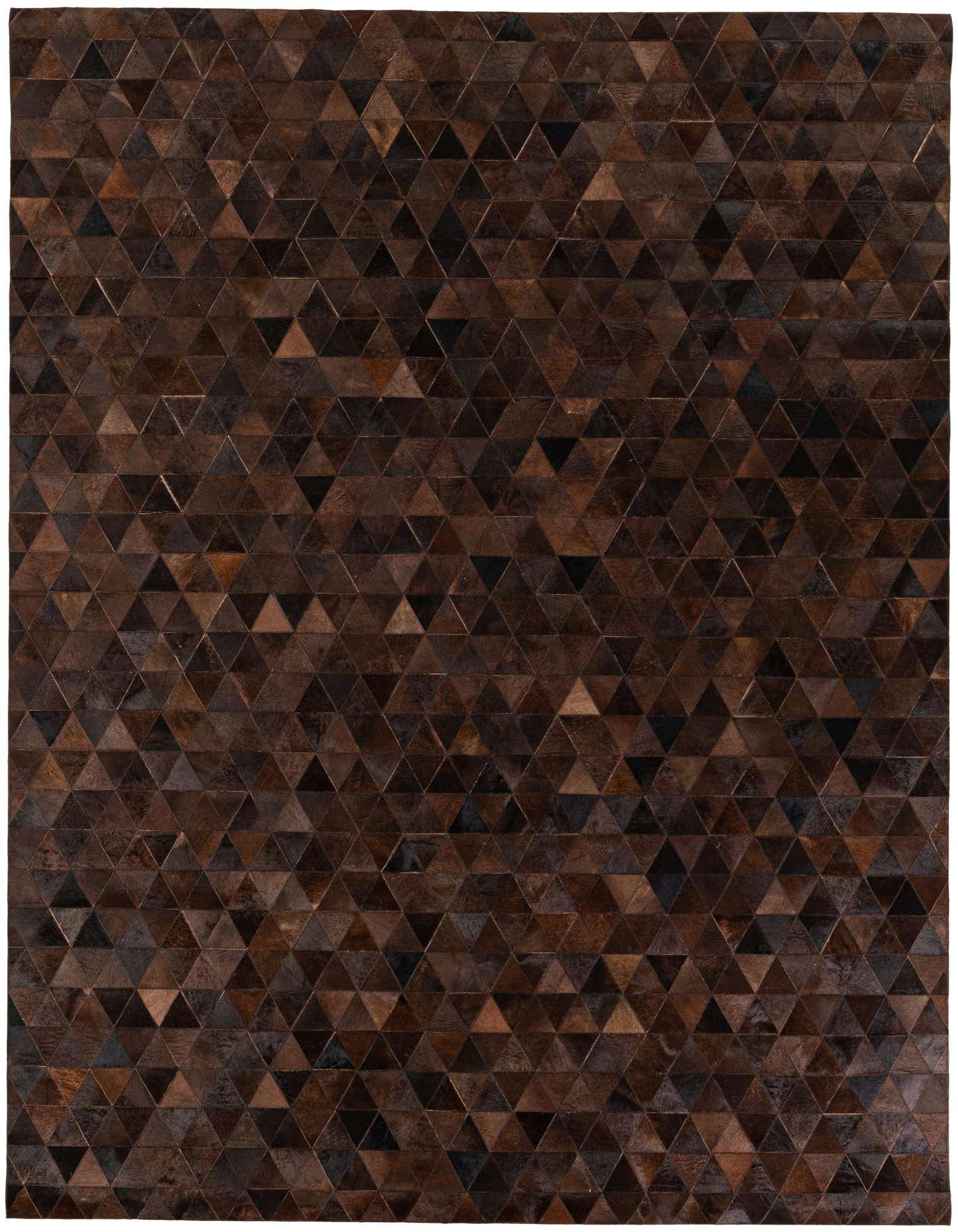A rectangular 8x10 modern cowhide rug featuring a mosaic of brown and tan triangular patches, suitable for a living room.
