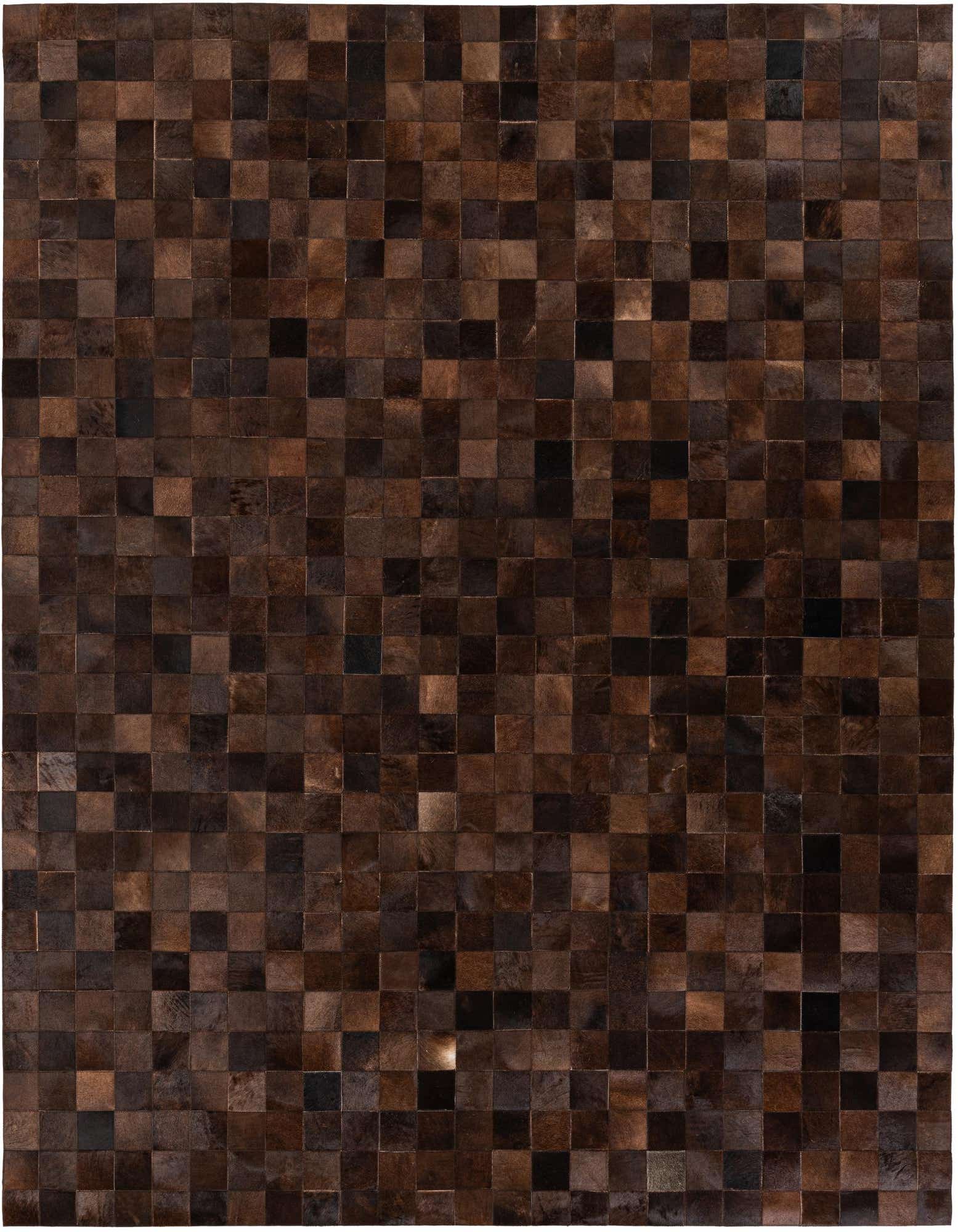 8x10 rectangular Cowhide Stocks rug featuring a modern patchwork of varying brown and tan squares.