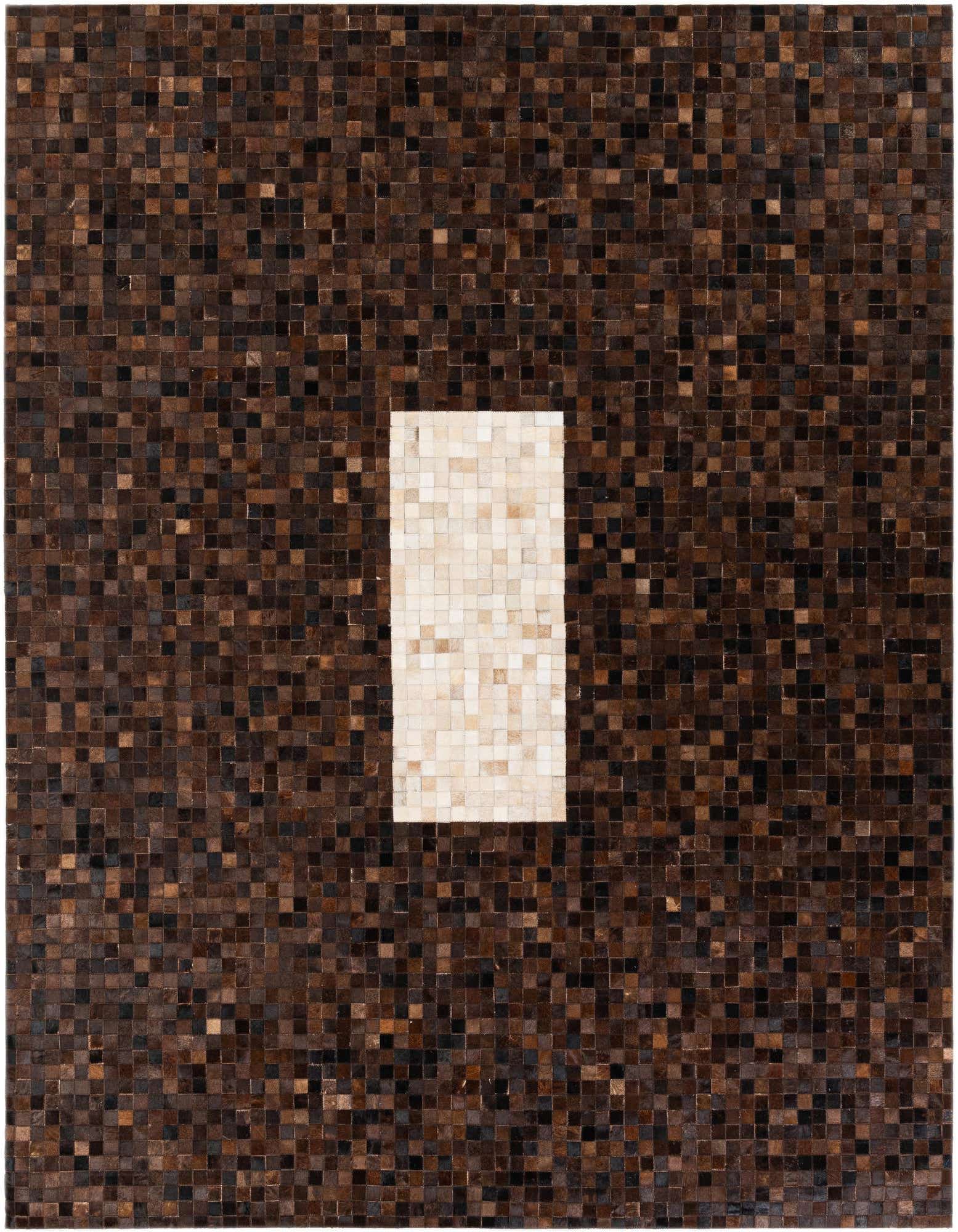 A rectangular 8x10 modern cowhide rug with a mosaic of brown and tan squares, featuring a central white rectangular block.