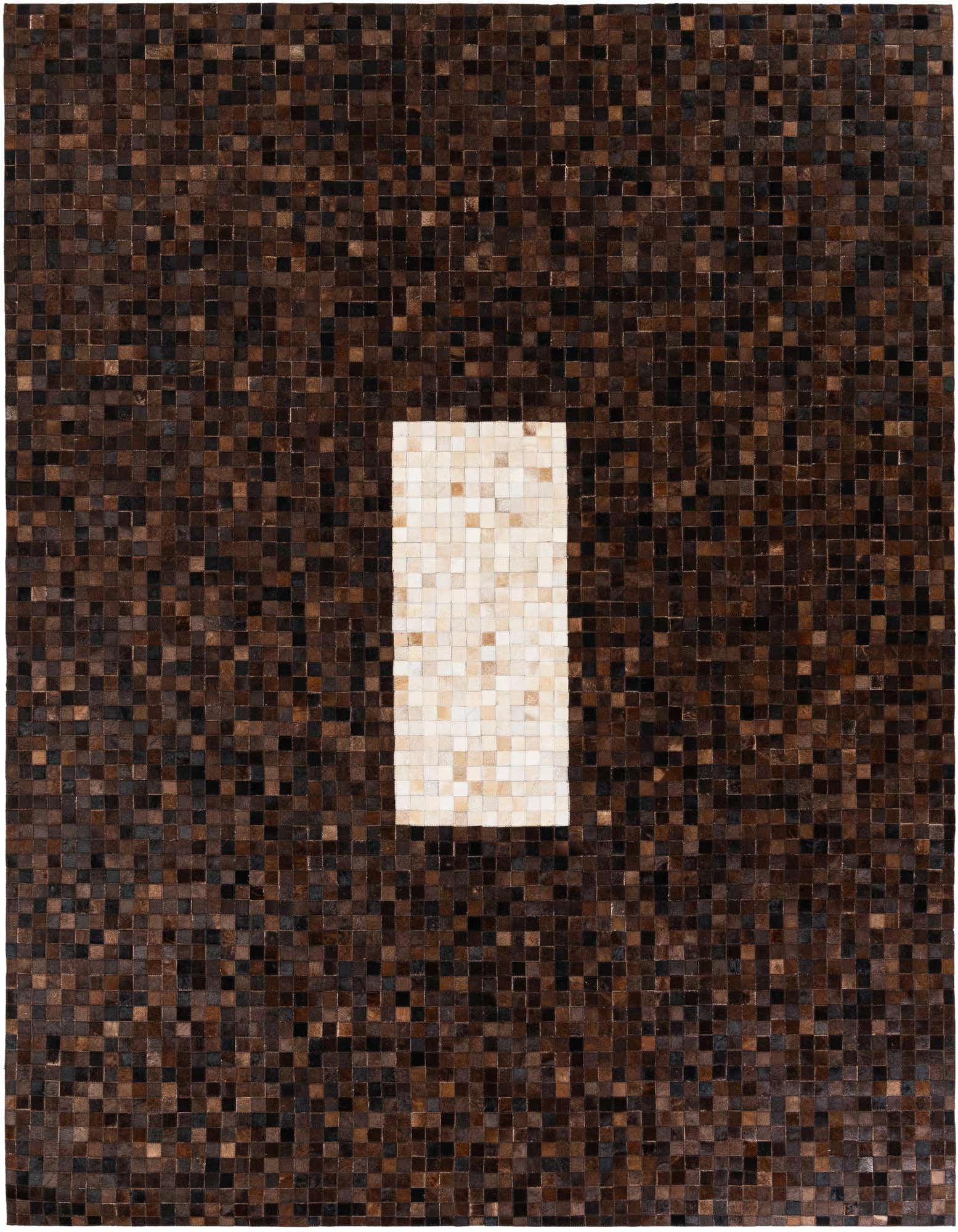 A rectangular 8x10 modern cowhide rug with a mosaic of brown and tan squares, featuring a central rectangular block of lighter tan and cream squares.