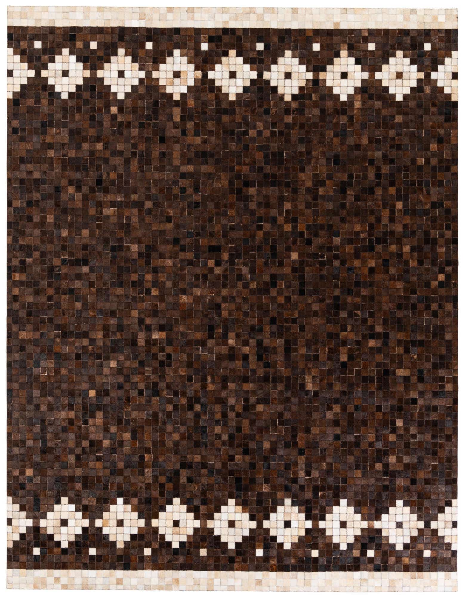 A rectangular 8x10 brown cowhide rug with a modern pattern. The center is dark brown mosaic, bordered by a light tan and white geometric design.