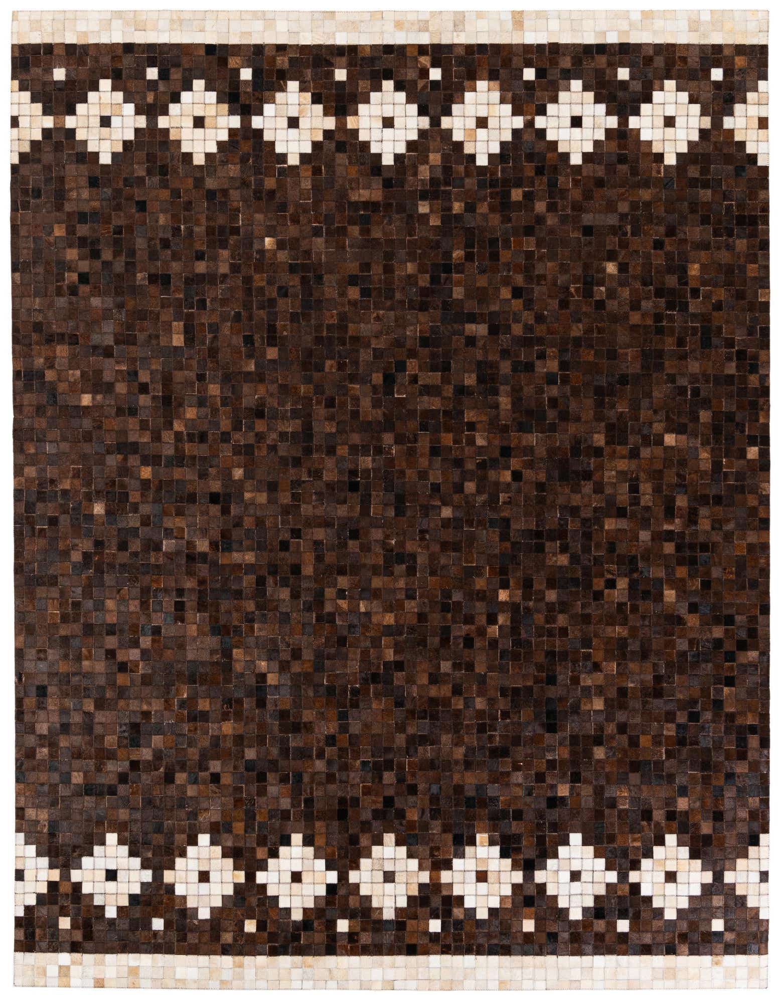 A rectangular 8x10 modern cowhide rug with a mosaic of brown and tan squares, featuring a white geometric border pattern at the top and bottom.