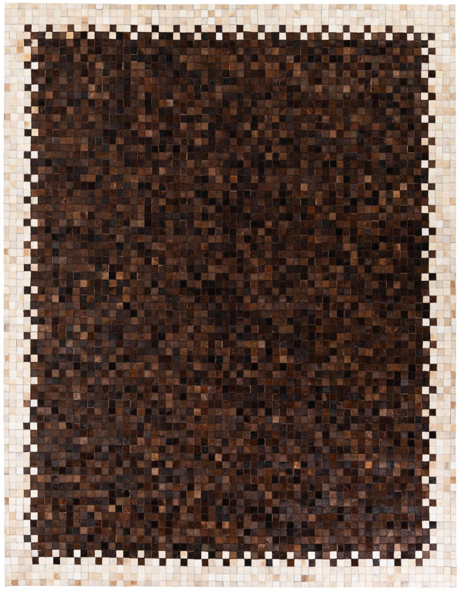 An 8x10 rectangular modern rug made from small brown and tan cowhide squares, featuring a dark brown center and a lighter tan and white checkered border.