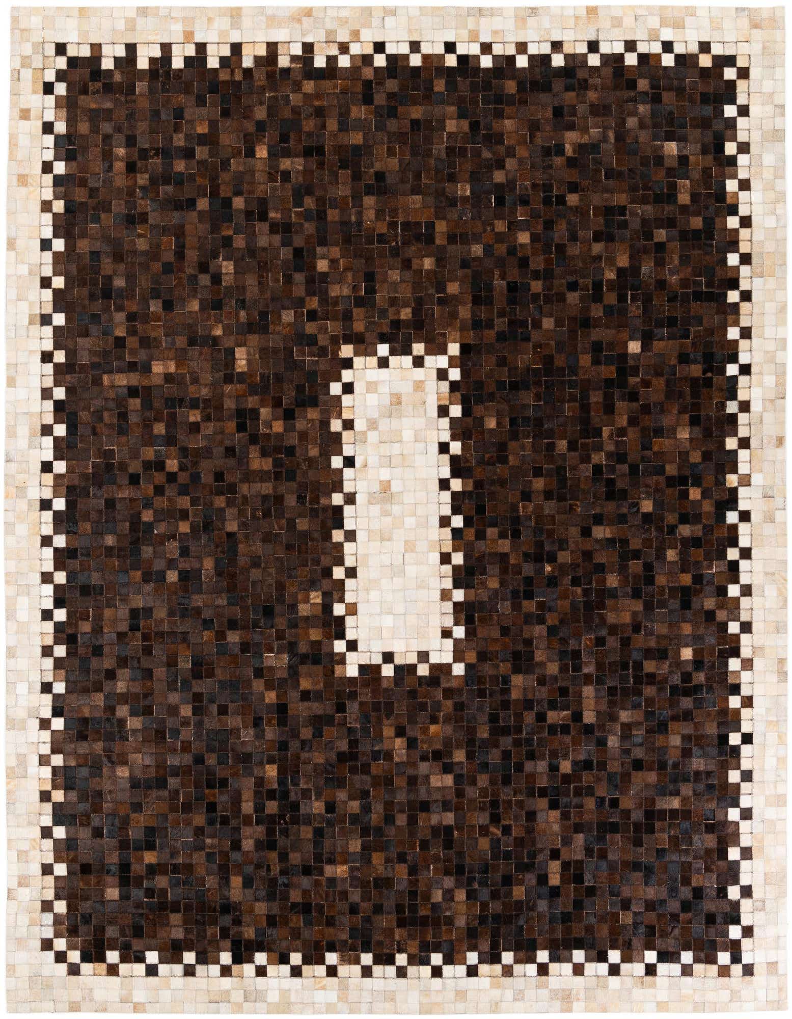 8x10 rectangular modern cowhide rug with a mosaic pattern of dark brown and tan squares, featuring a light tan border and a central tan rectangular accent.