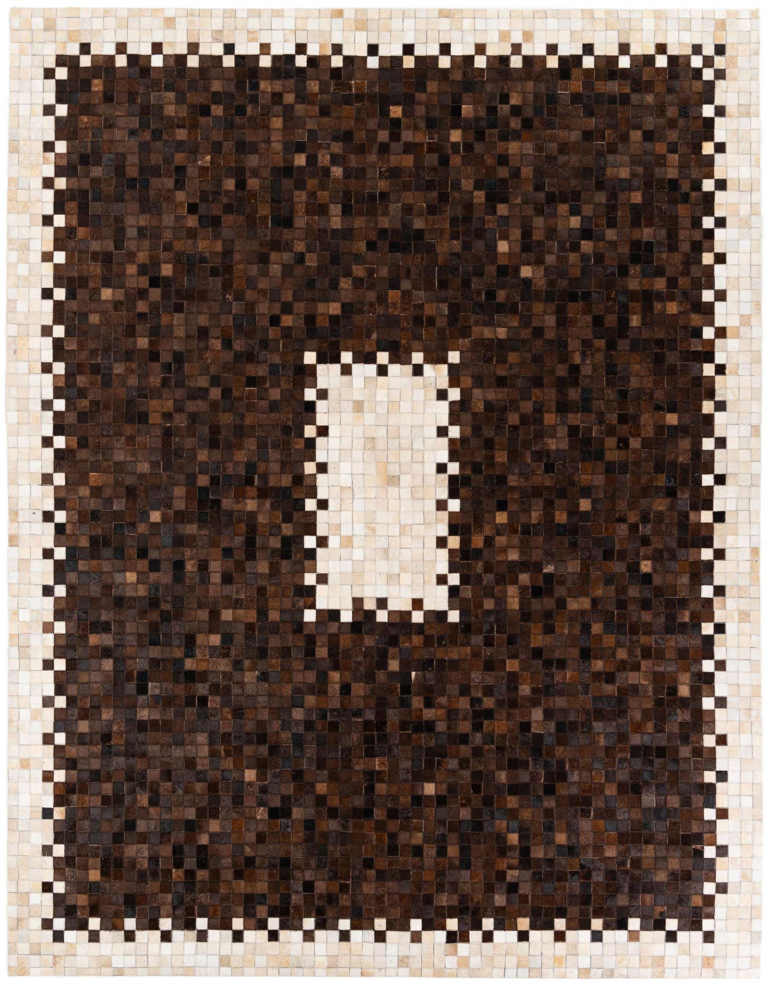 A rectangular 8x10 modern cowhide rug with a mosaic pattern of brown and tan squares, featuring a light tan border and a central tan rectangle.
