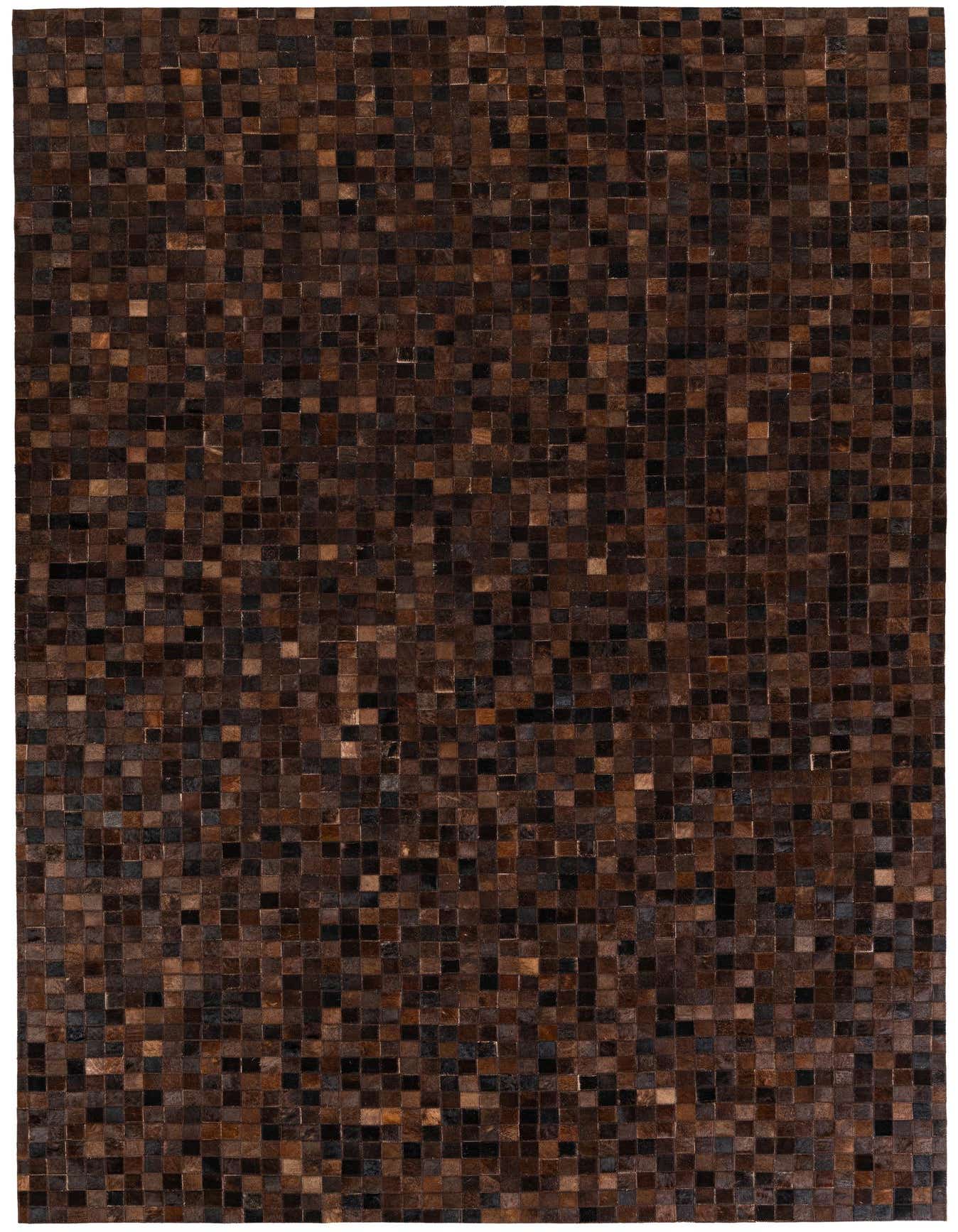 A 6x9 rectangular Cowhide Stocks rug featuring a modern mosaic pattern of various brown and tan cowhide squares.