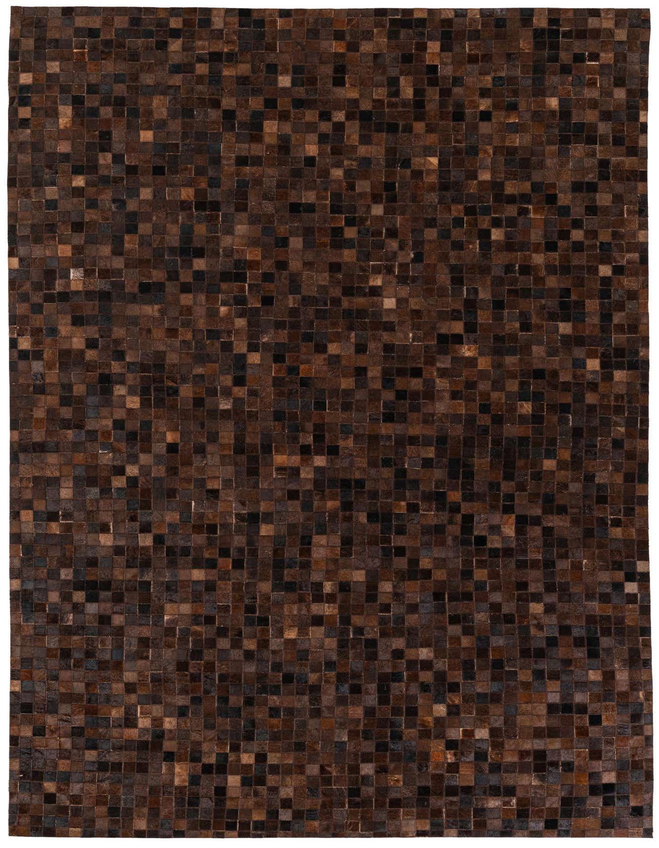 A 6x9 rectangular modern area rug made from small square patches of brown and tan cowhide and leather.