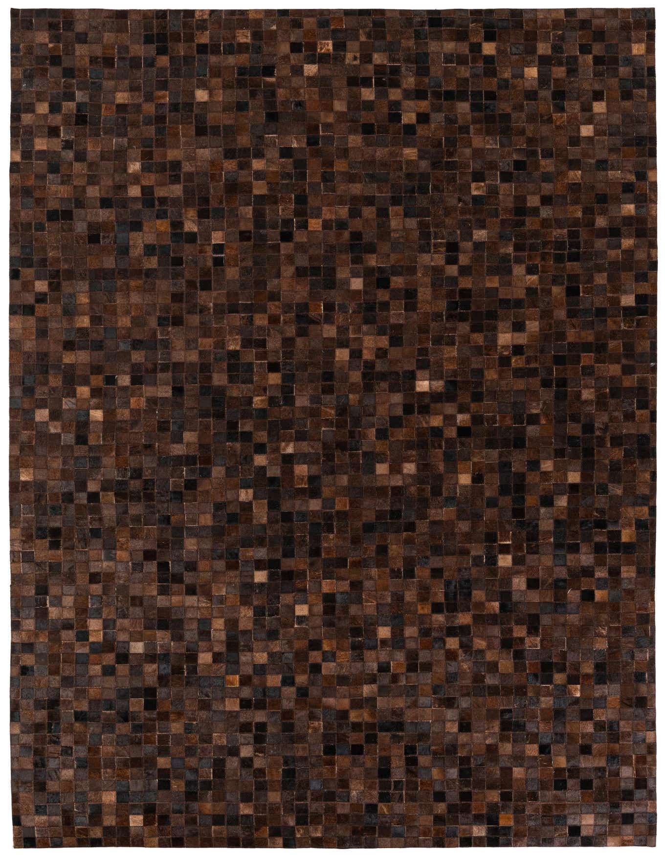 A 6x9 rectangular Cowhide Stocks rug by Rugs.com, featuring a modern mosaic pattern of various brown and tan cowhide squares.