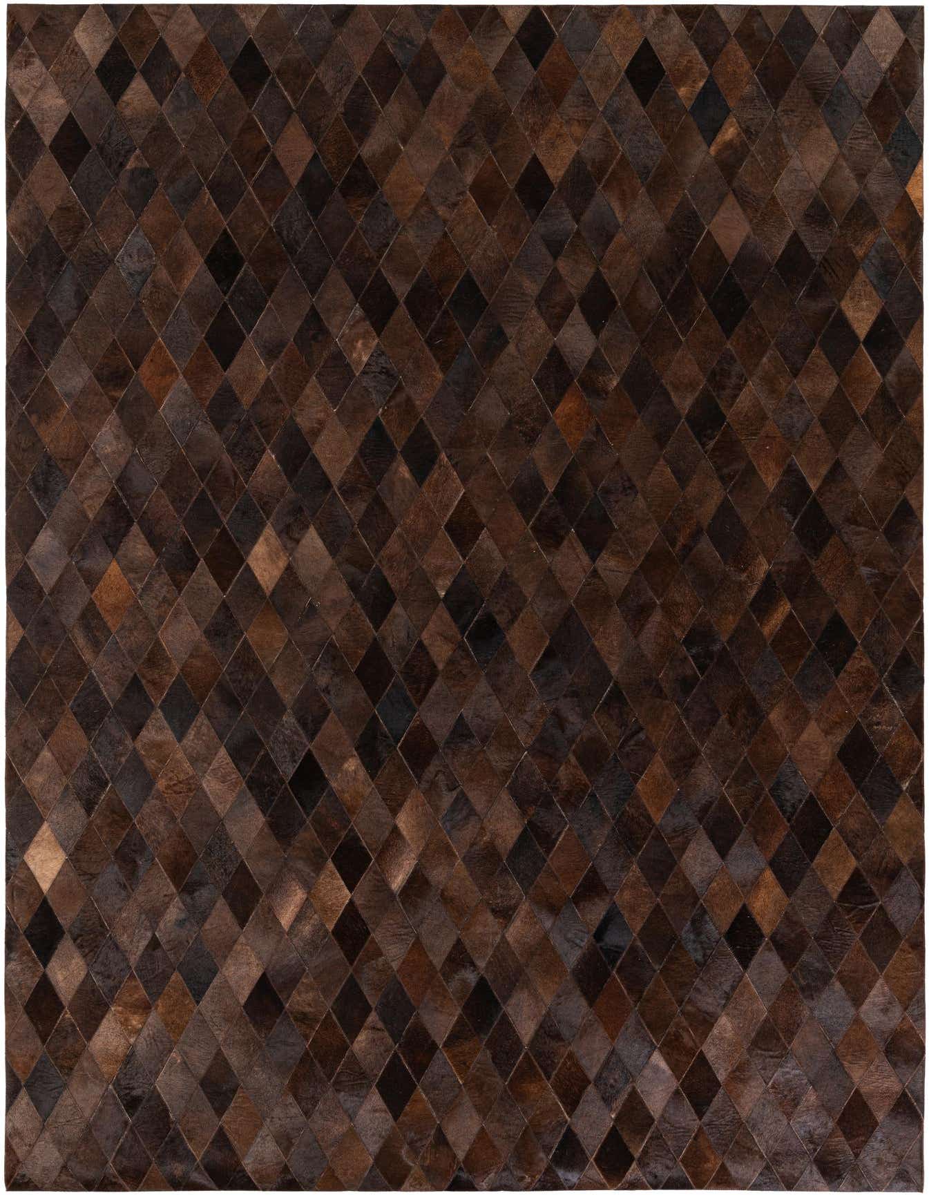 A 7x10 rectangular Cowhide Stocks rug featuring a modern diamond pattern in various shades of brown and tan.