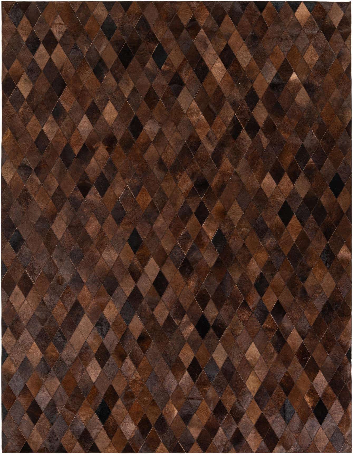 A 7x10 rectangular Cowhide Stocks rug featuring a modern diamond pattern in various shades of brown and tan.