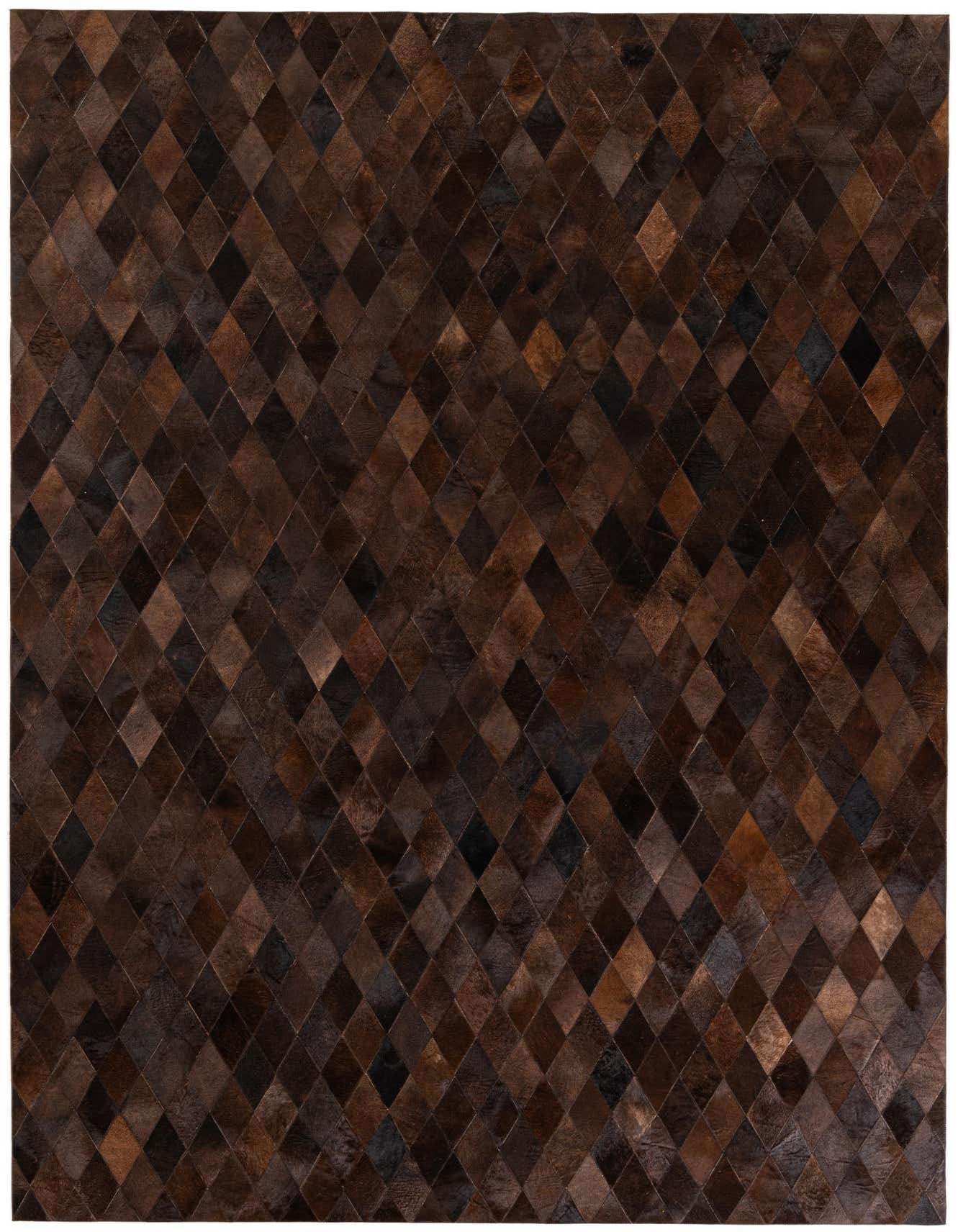 7x10 rectangular Cowhide Stocks rug featuring a modern diamond patchwork pattern in various shades of brown and tan.