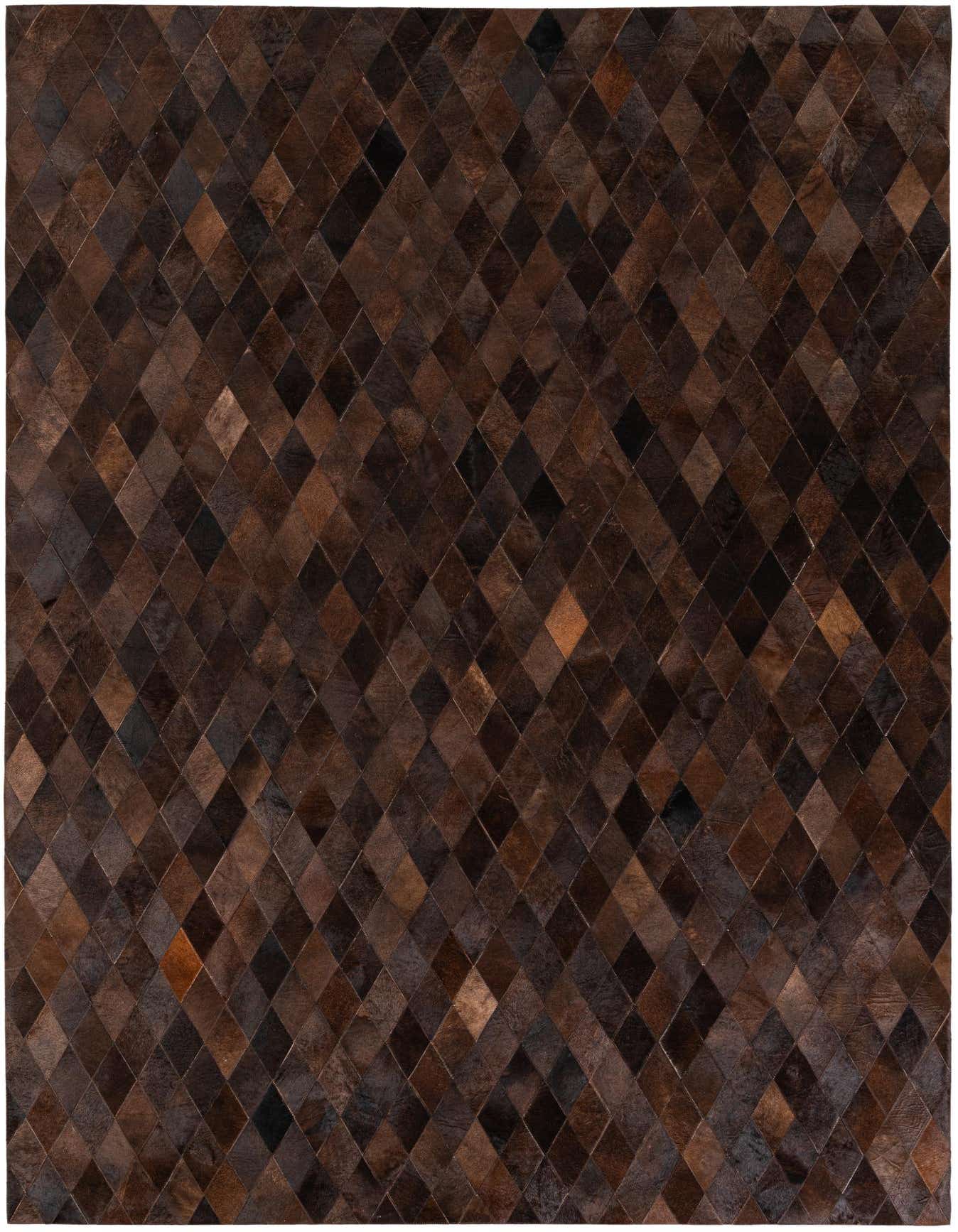 A 7x10 rectangular brown modern cowhide rug with a diamond patchwork pattern in varying shades of brown and tan.