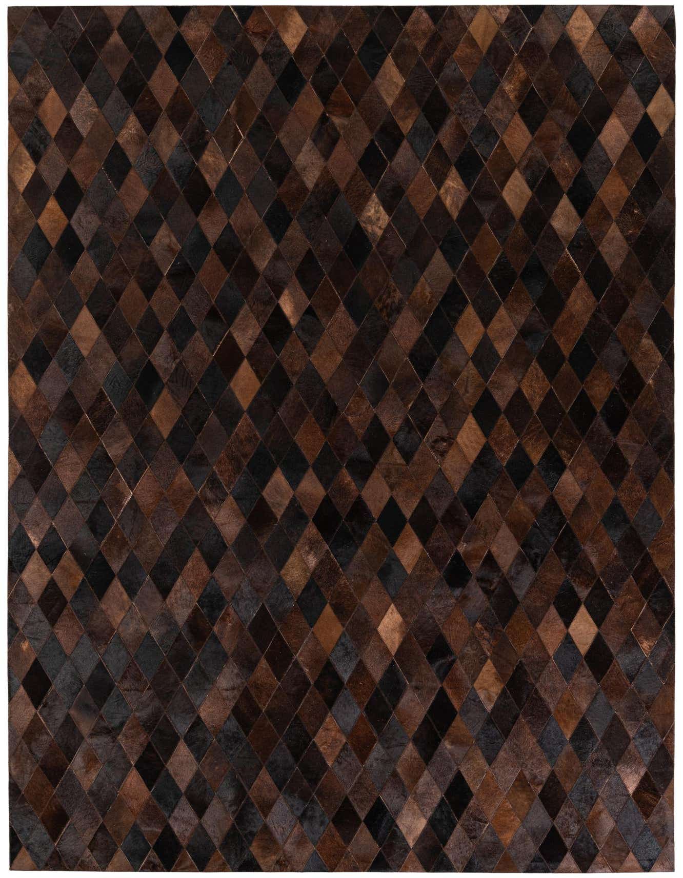 A 7x10 rectangular modern cowhide rug featuring a diamond patchwork pattern in various shades of brown and tan.