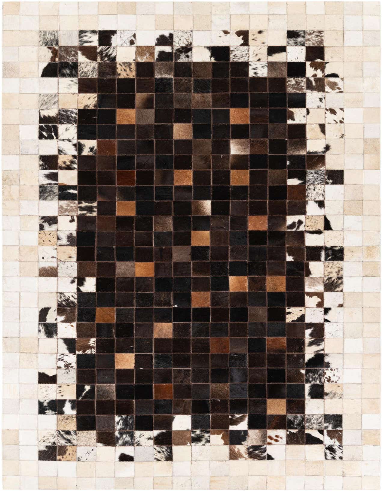 A rectangular 5x8 modern cowhide rug featuring a gradient of brown and tan patchwork squares, transitioning from lighter edges to a darker center.