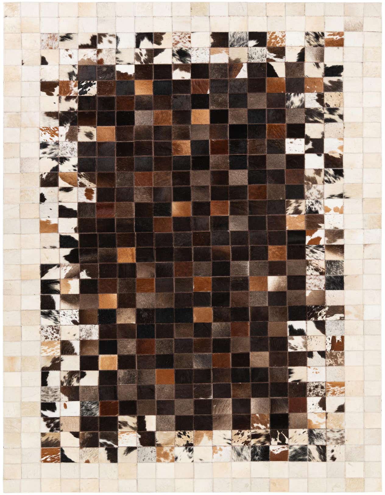 A rectangular 5x8 modern cowhide rug featuring a checkerboard pattern of brown and tan squares, handmade for indoor use.