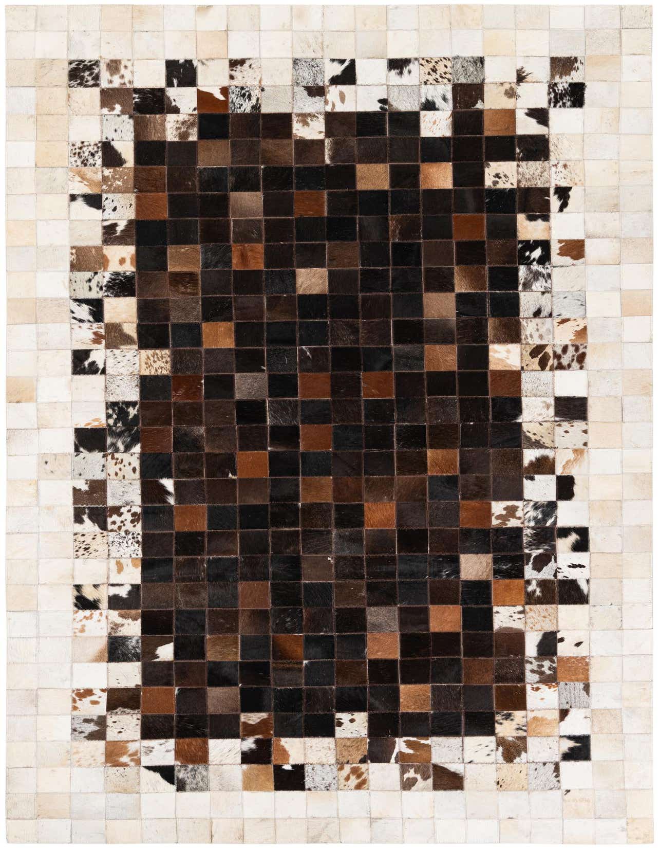 A 5x8 rectangular Cowhide Stocks rug featuring a modern patchwork of brown, tan, and white cowhide squares, ideal for a living room.