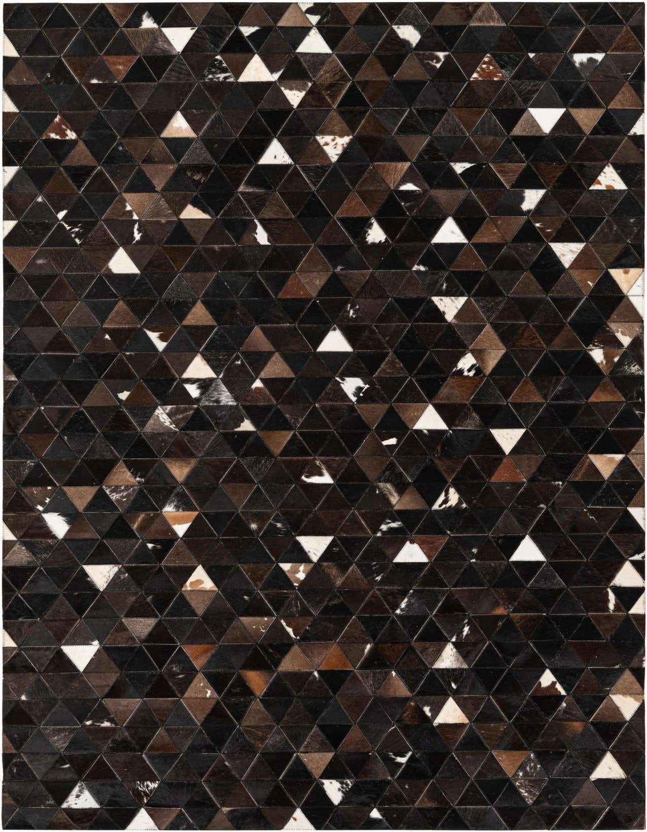 A 5x8 rectangular Cowhide Stocks rug featuring a modern geometric pattern of brown, tan, black, and white triangular cowhide patches.